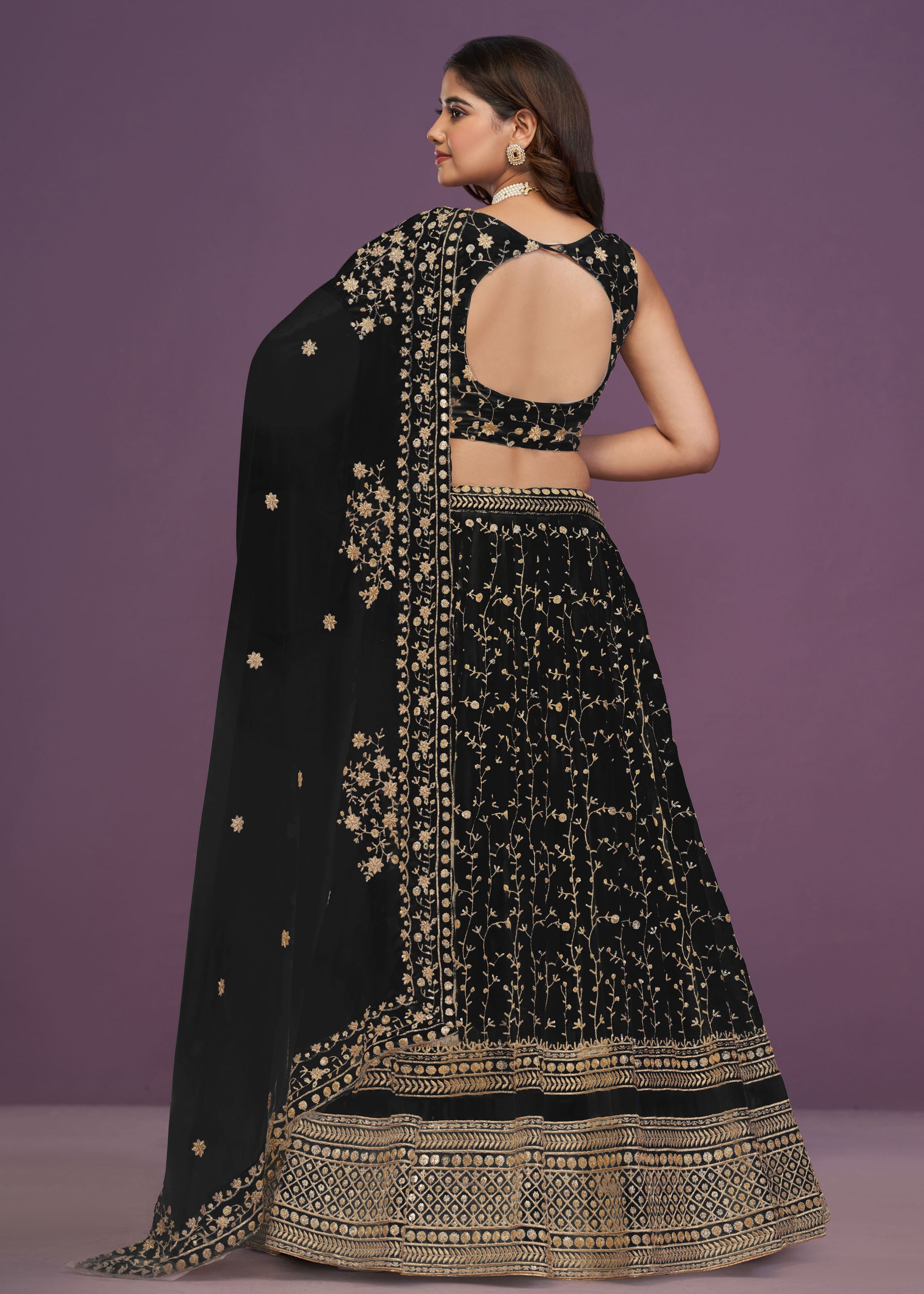 Black Georgette Zari Sequence Embroidery Work Lehenga Choli