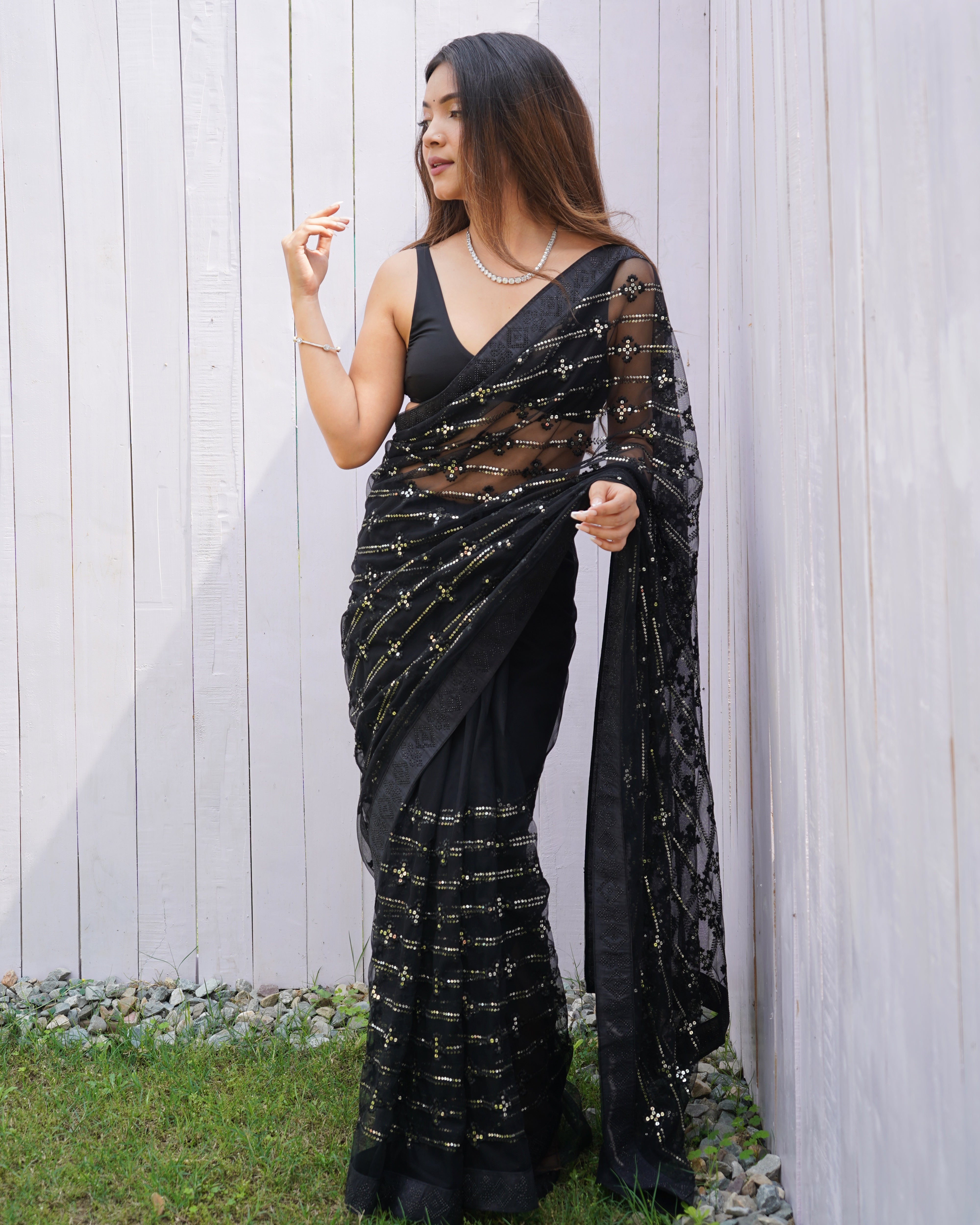 Black Graceful Butterfly Net Sequins Embroidery Saree With Diamond Work