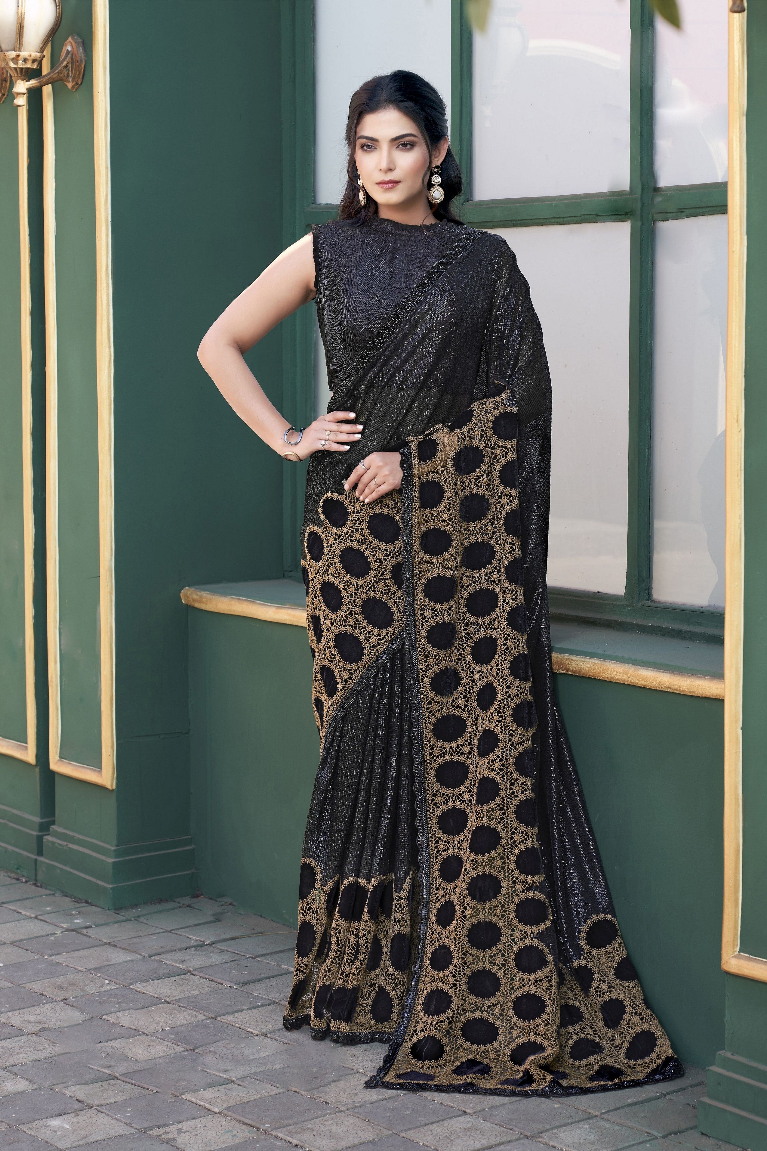 Black Gucci Velvet Designer Sequence Embroidery With Hand Beads Stone Work Wedding Season Saree