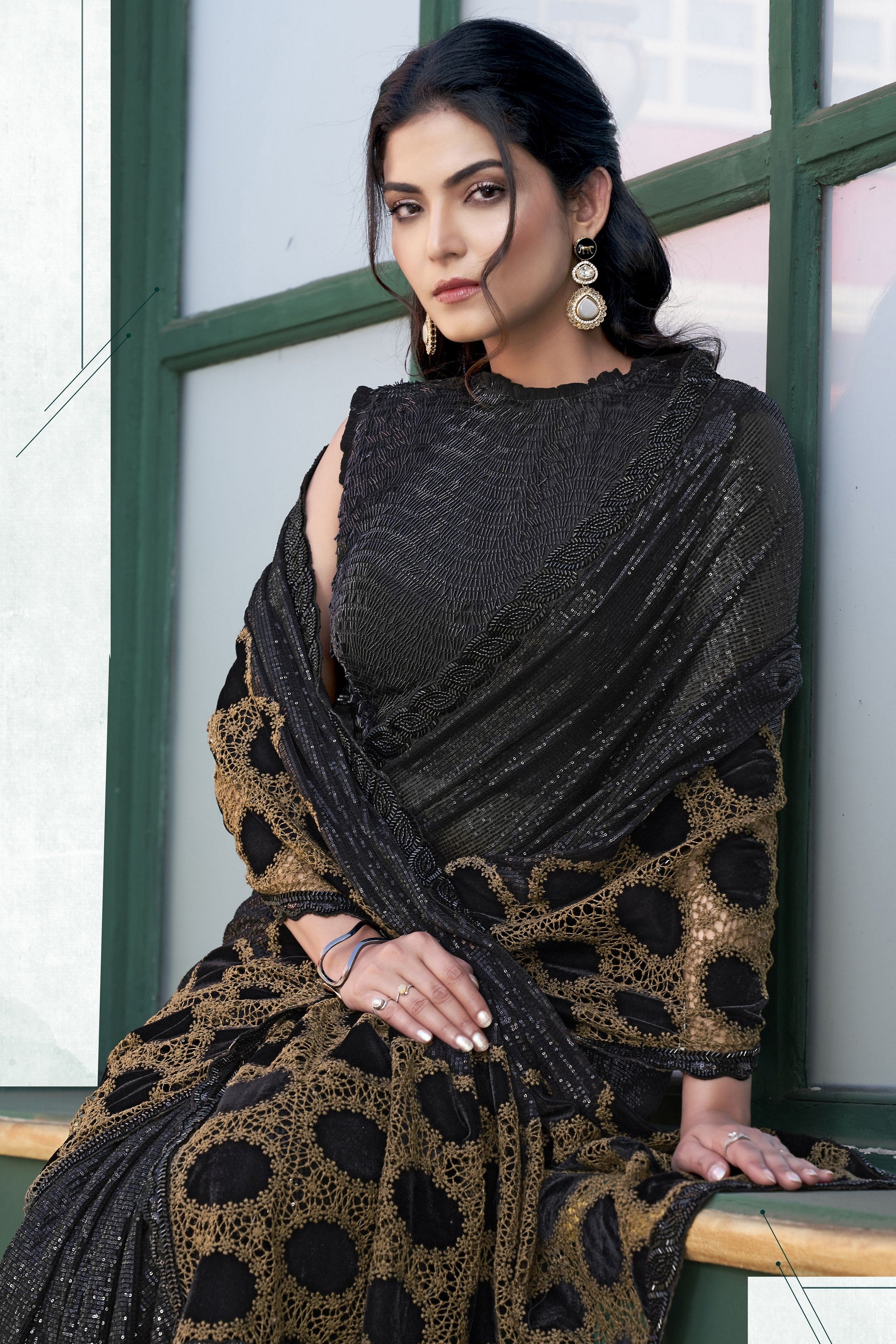 Black Gucci Velvet Designer Sequence Embroidery With Hand Beads Stone Work Wedding Season Saree