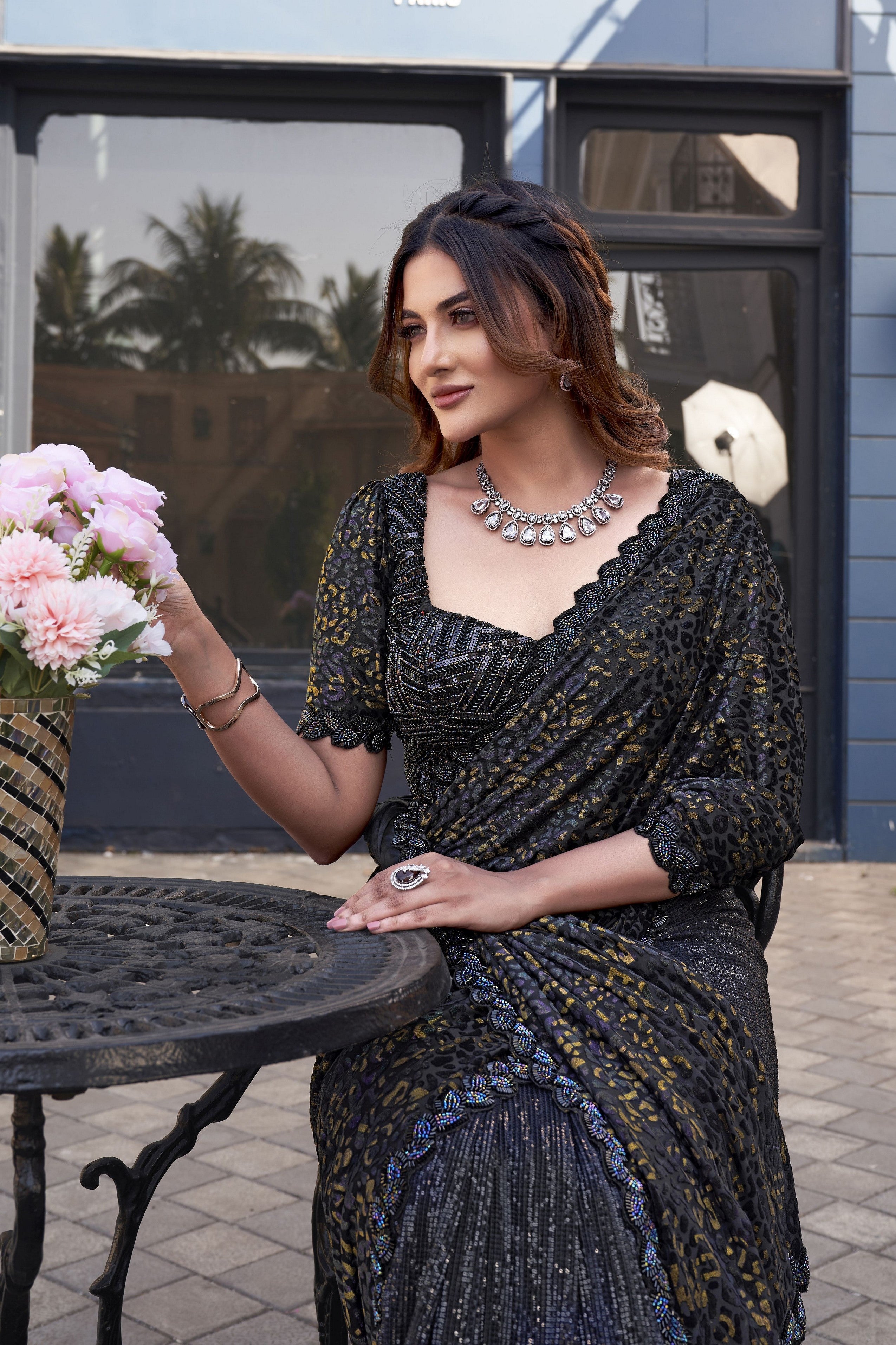 Black Gucci Velvet Designer Sequence Embroidery With Hand Beads Stone Work Wedding Season Saree