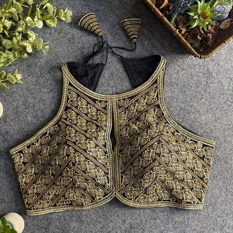Black Halter Neck Partywear Blouse in Roman Silk with Embroidery & Sequins Work