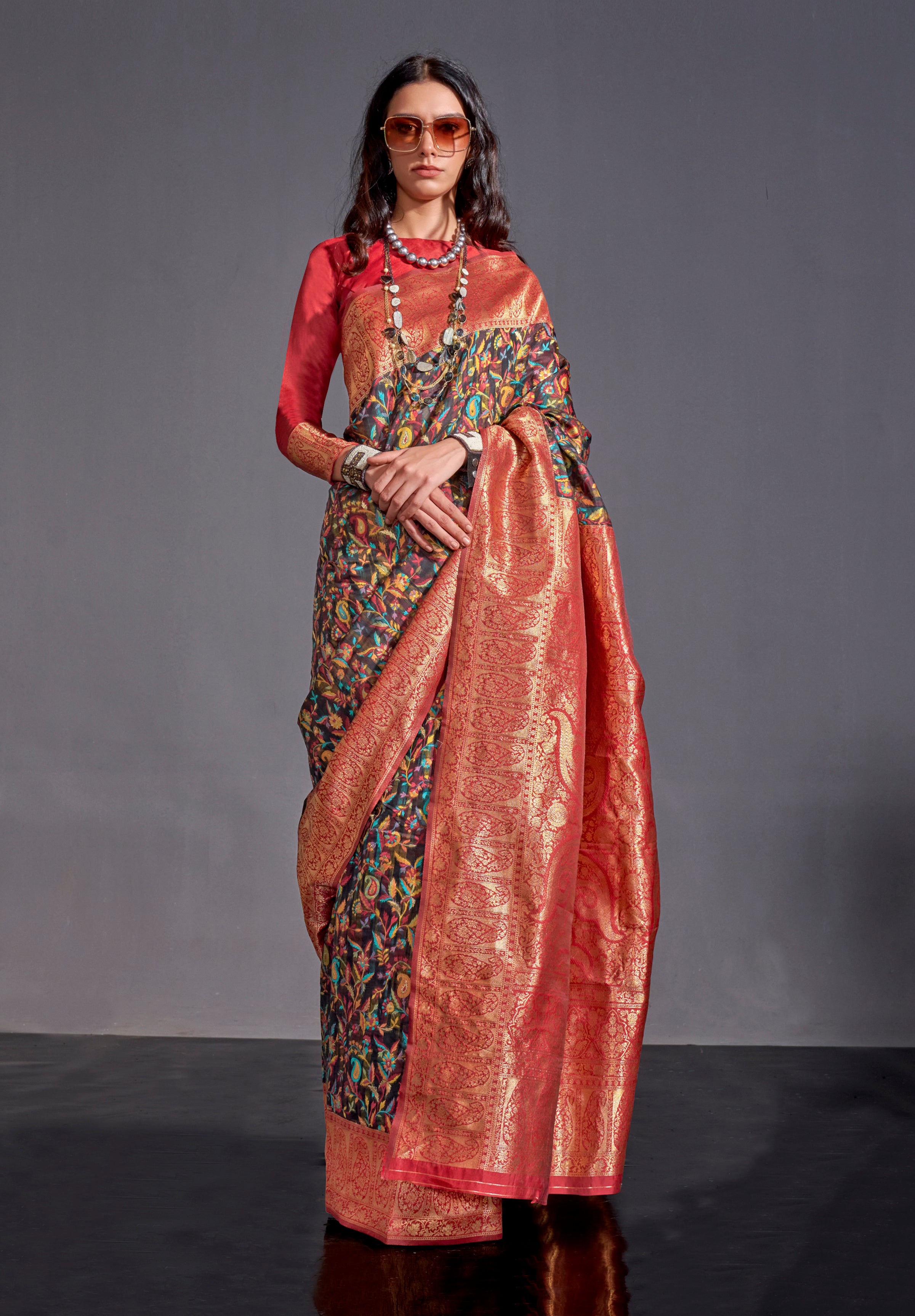 Black Kashmiri Silk Saree With Kashmiri Chaap Jacquard Woven Work