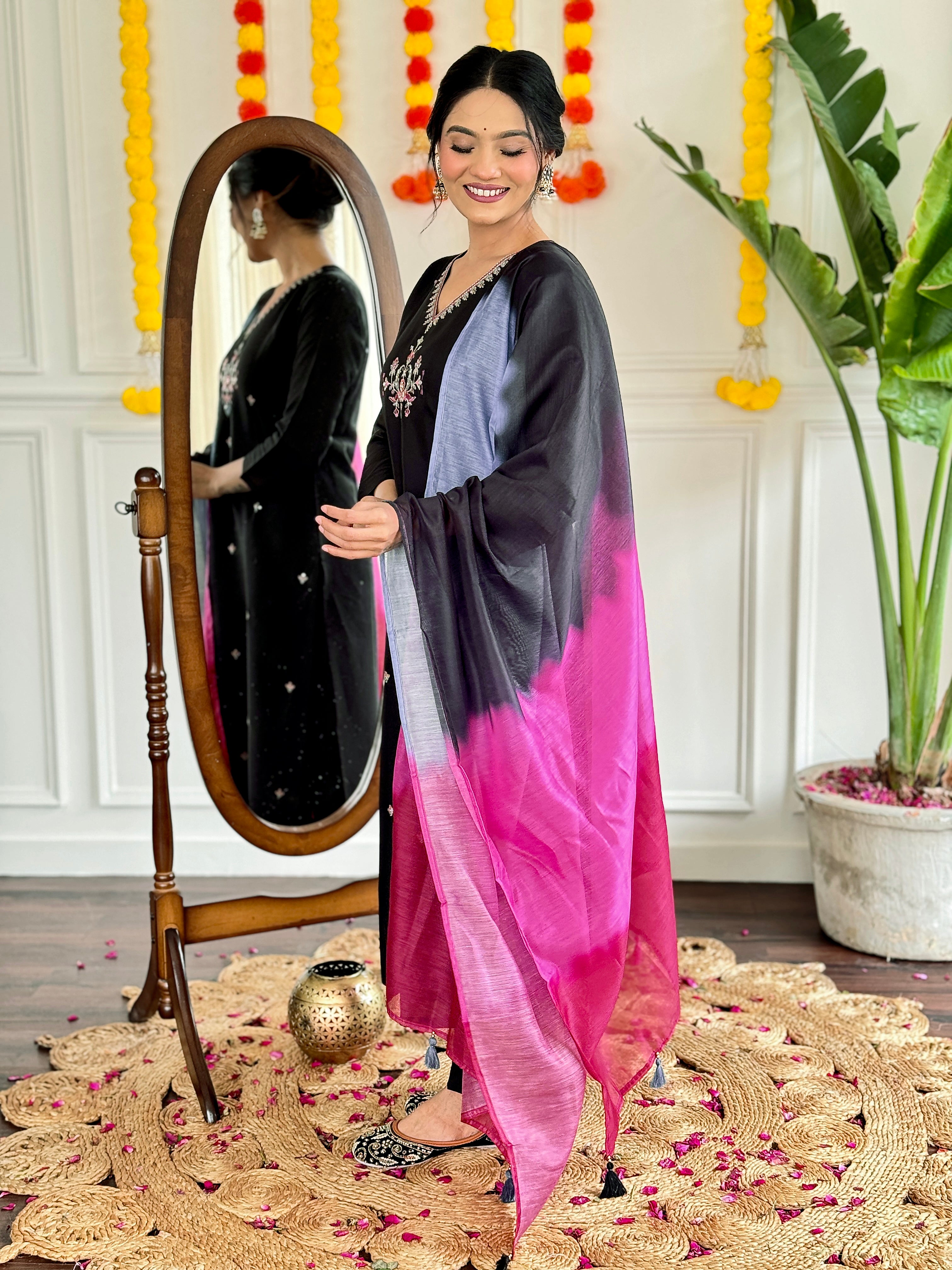 Black Kurta Pant Set with Heavy Thread Embroidery Work