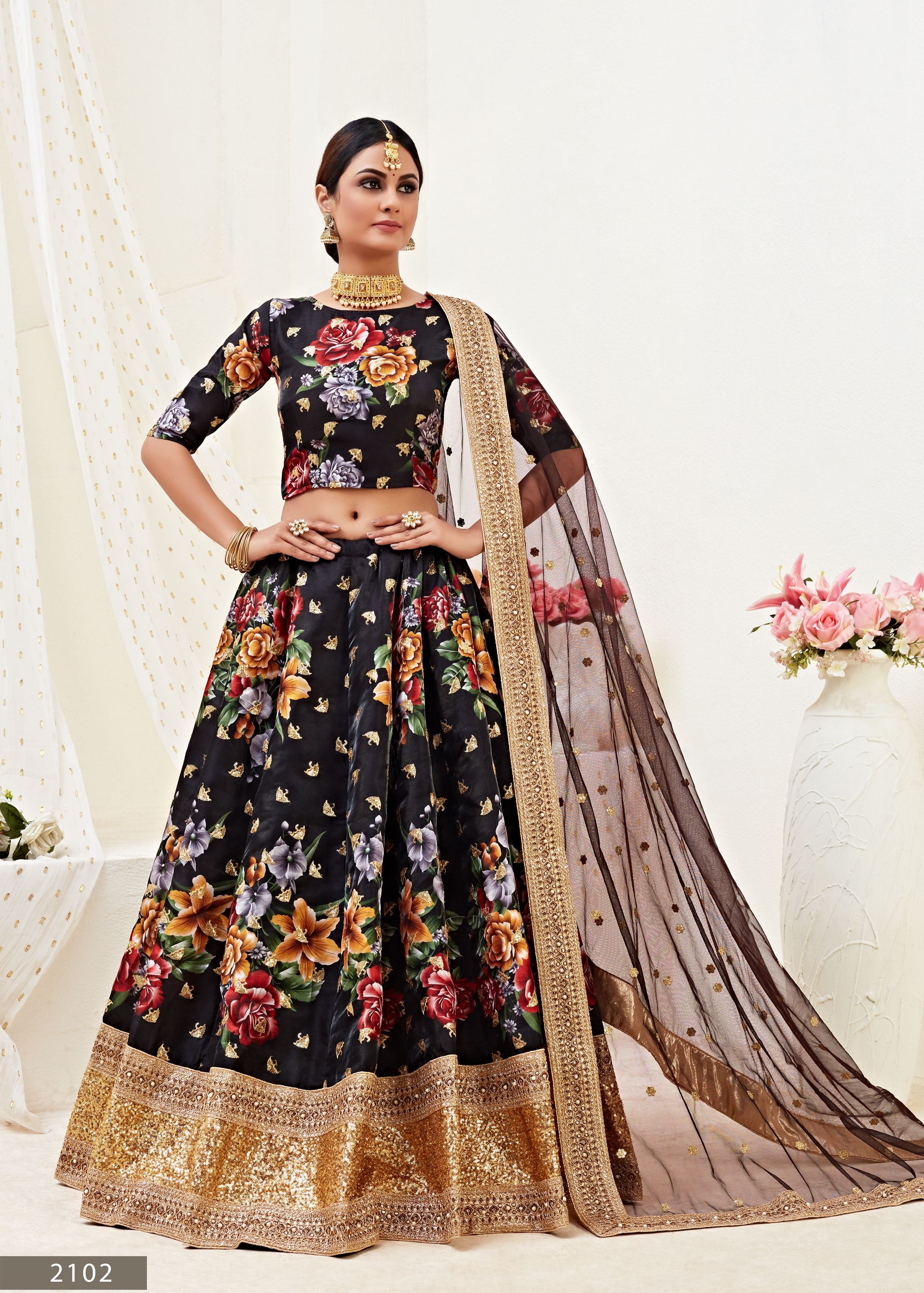 Black Lehenga Choli With Digital Print With Dori, Sequins Embroidered Border And Pearl Work
