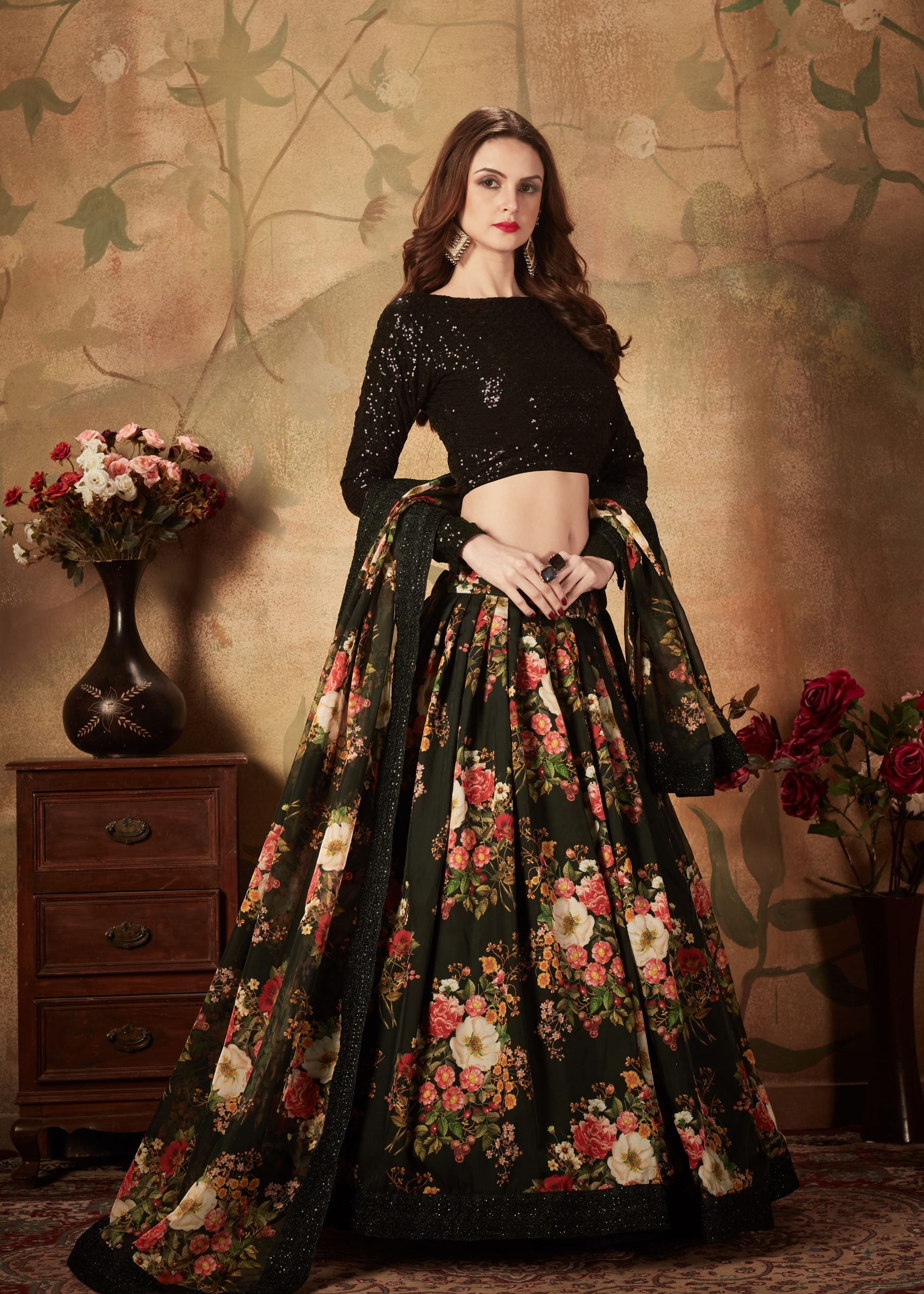 Black Lehenga Choli With Digital Print & Dori, Zari And Sequins Embroidery Work
