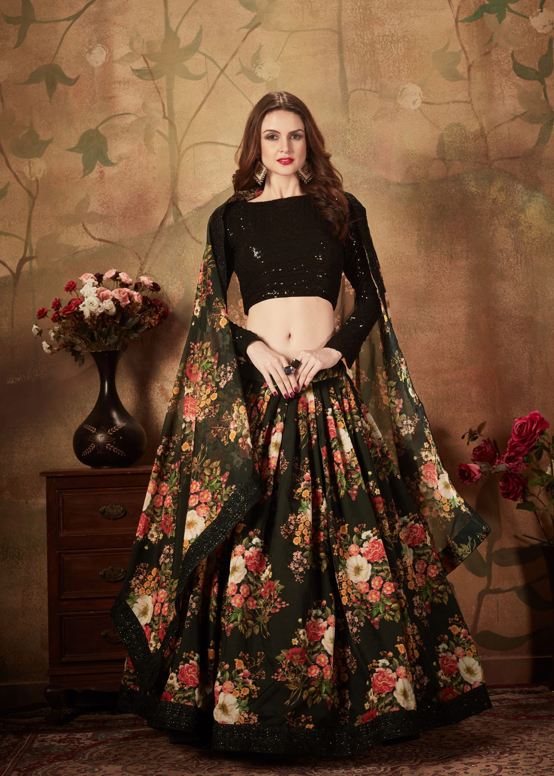 Black Lehenga Choli With Digital Print & Dori, Zari And Sequins Embroidery Work