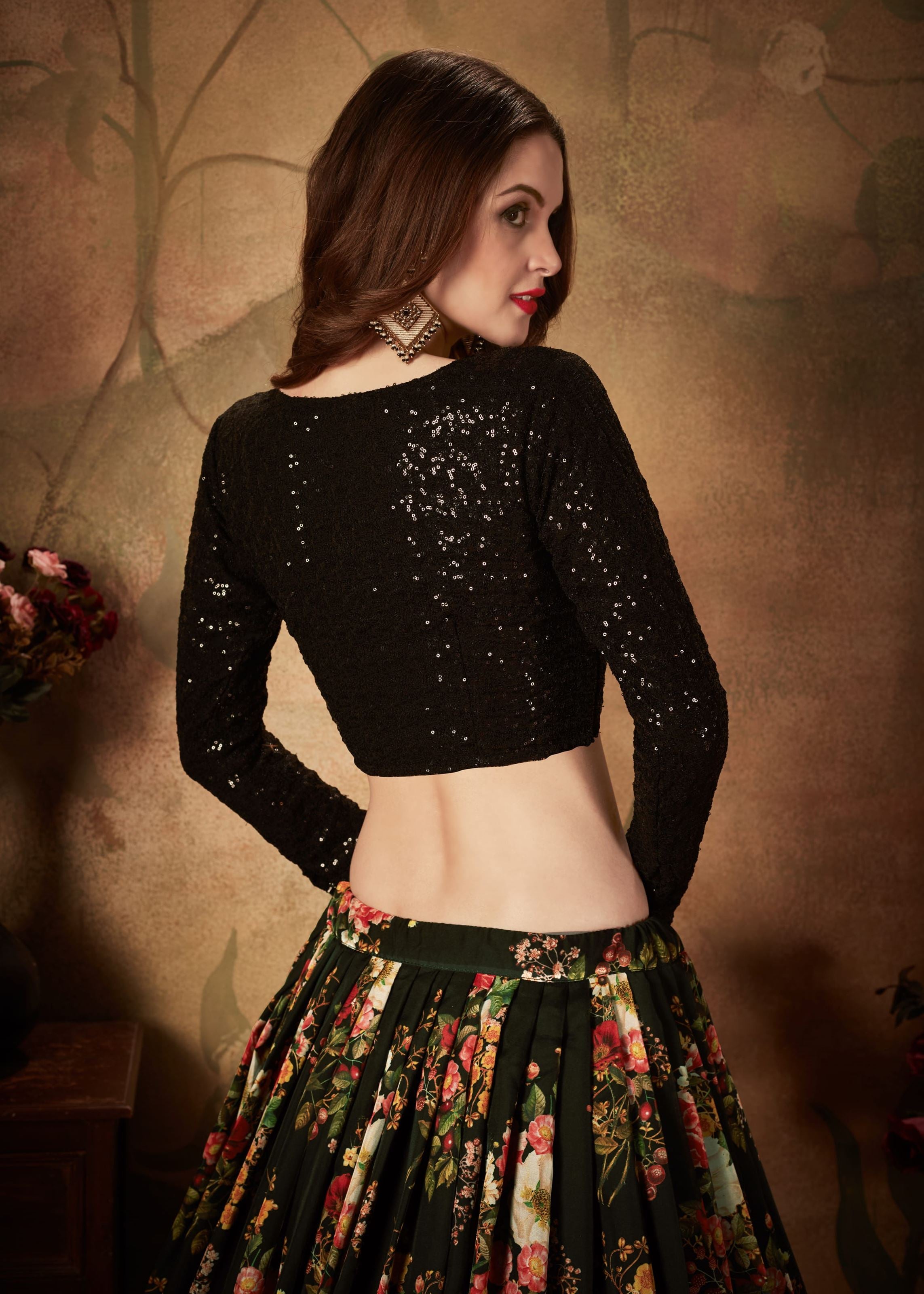 Black Lehenga Choli With Digital Print & Dori, Zari And Sequins Embroidery Work