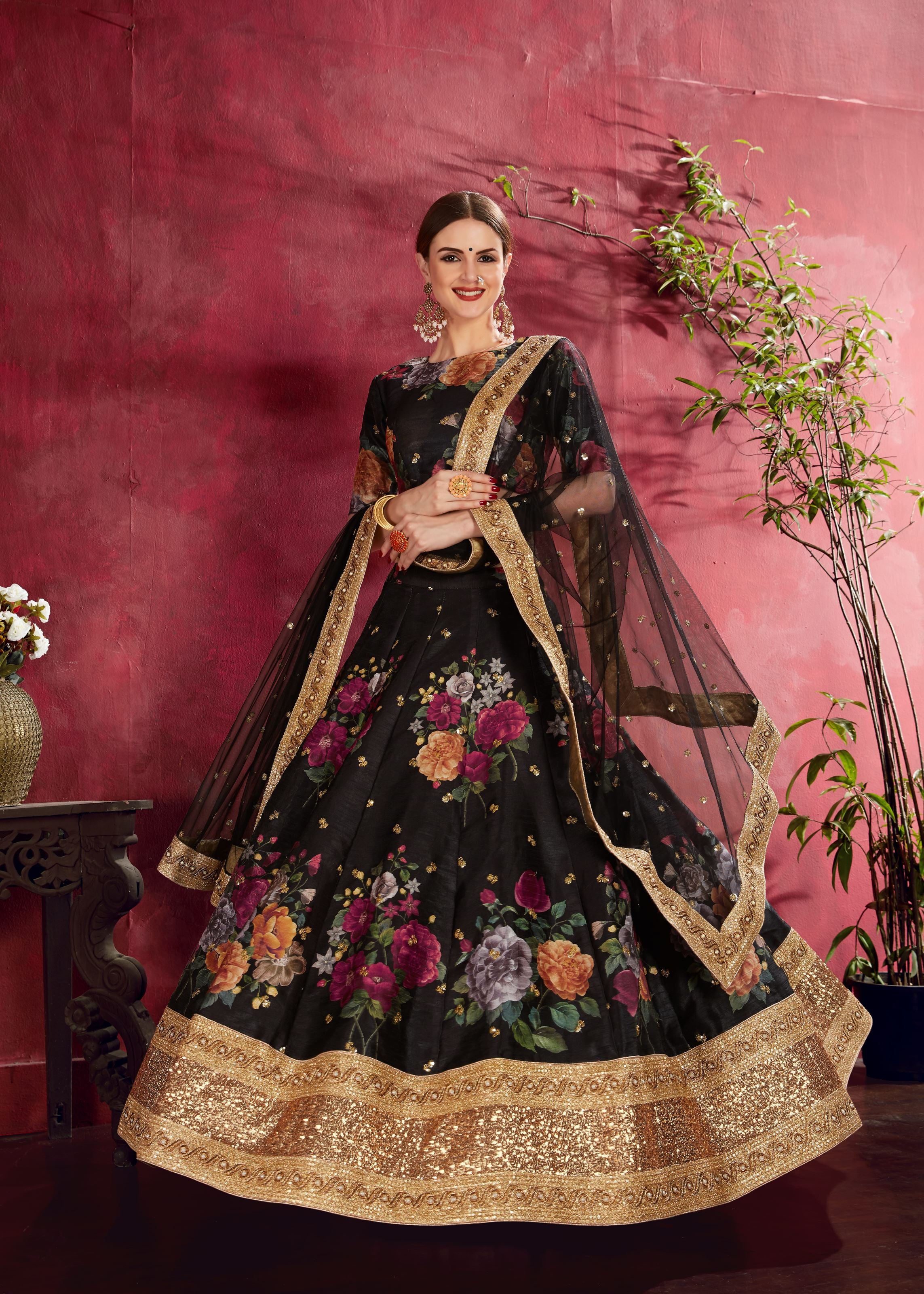 Black Lehenga Choli With Floral Print, Dori, Zari And Sequins Embroidery