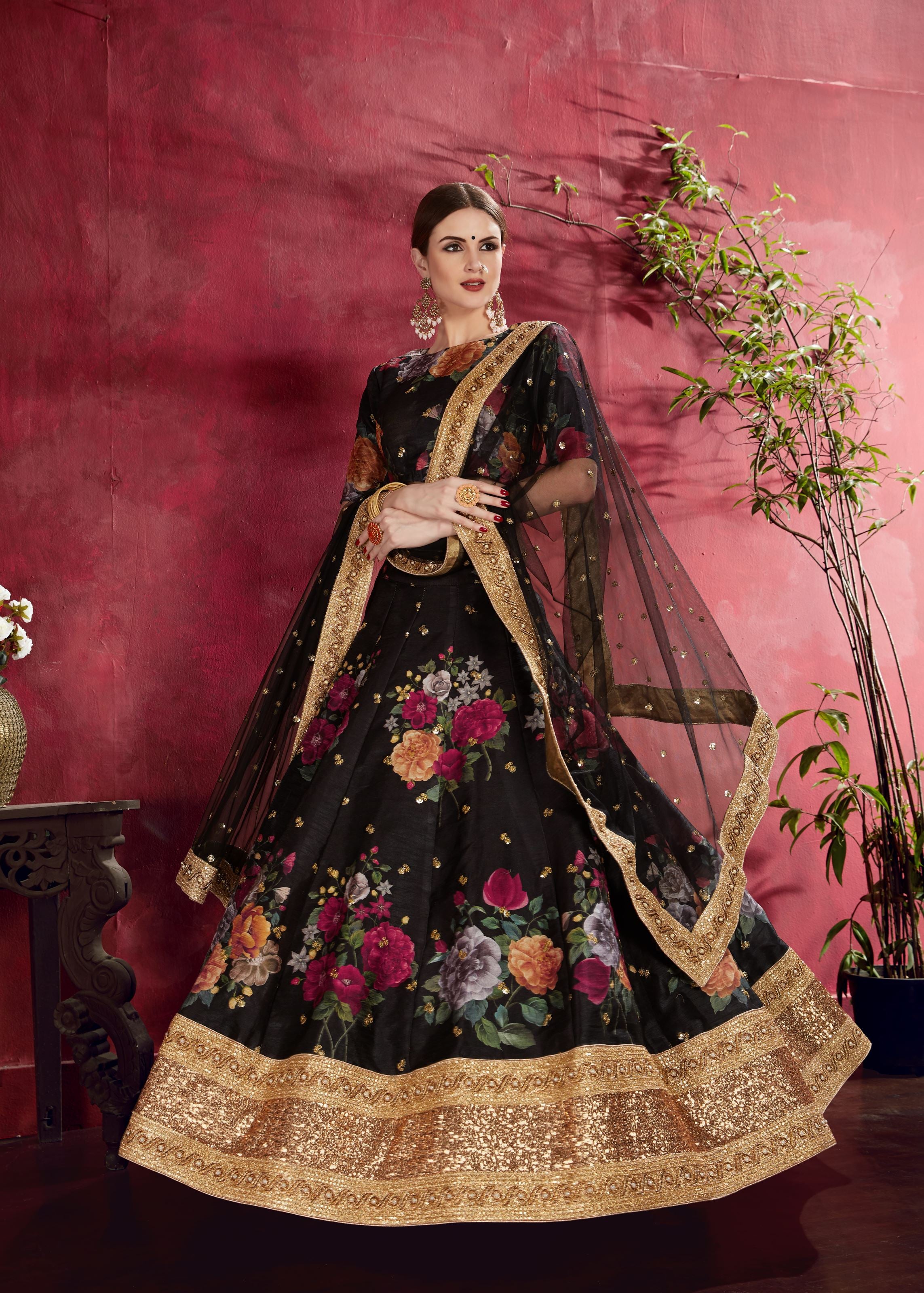 Black Lehenga Choli With Floral Print, Dori, Zari And Sequins Embroidery