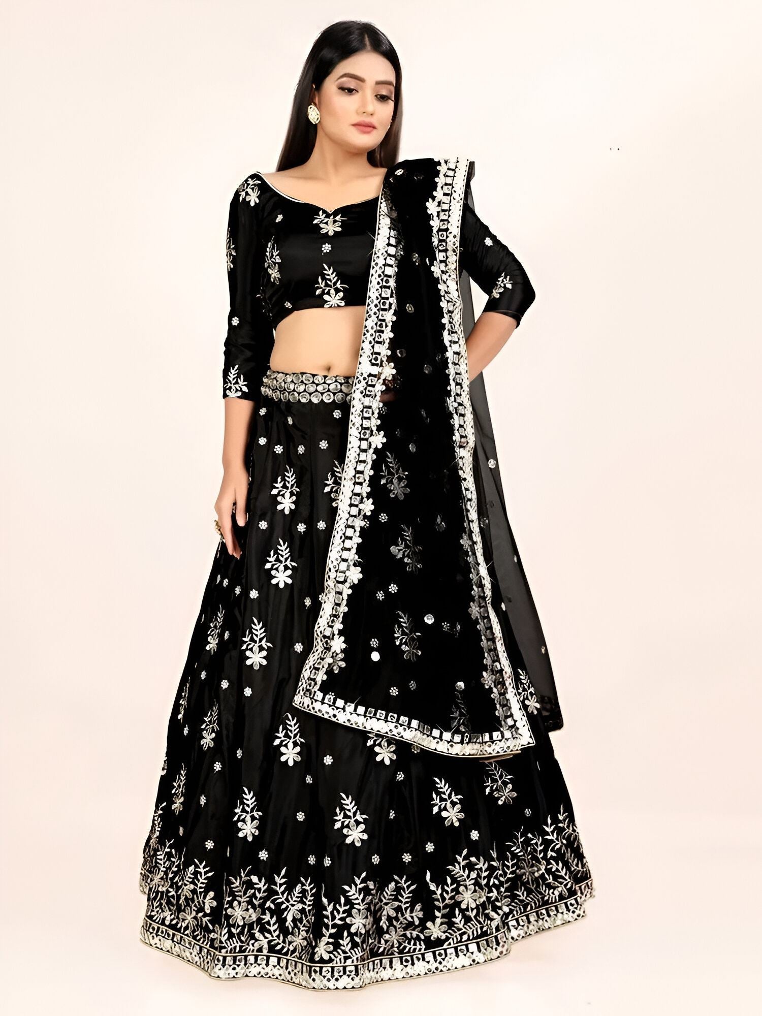 Black Lehenga Choli With Sequence With Thread And Jari Embroidery Work