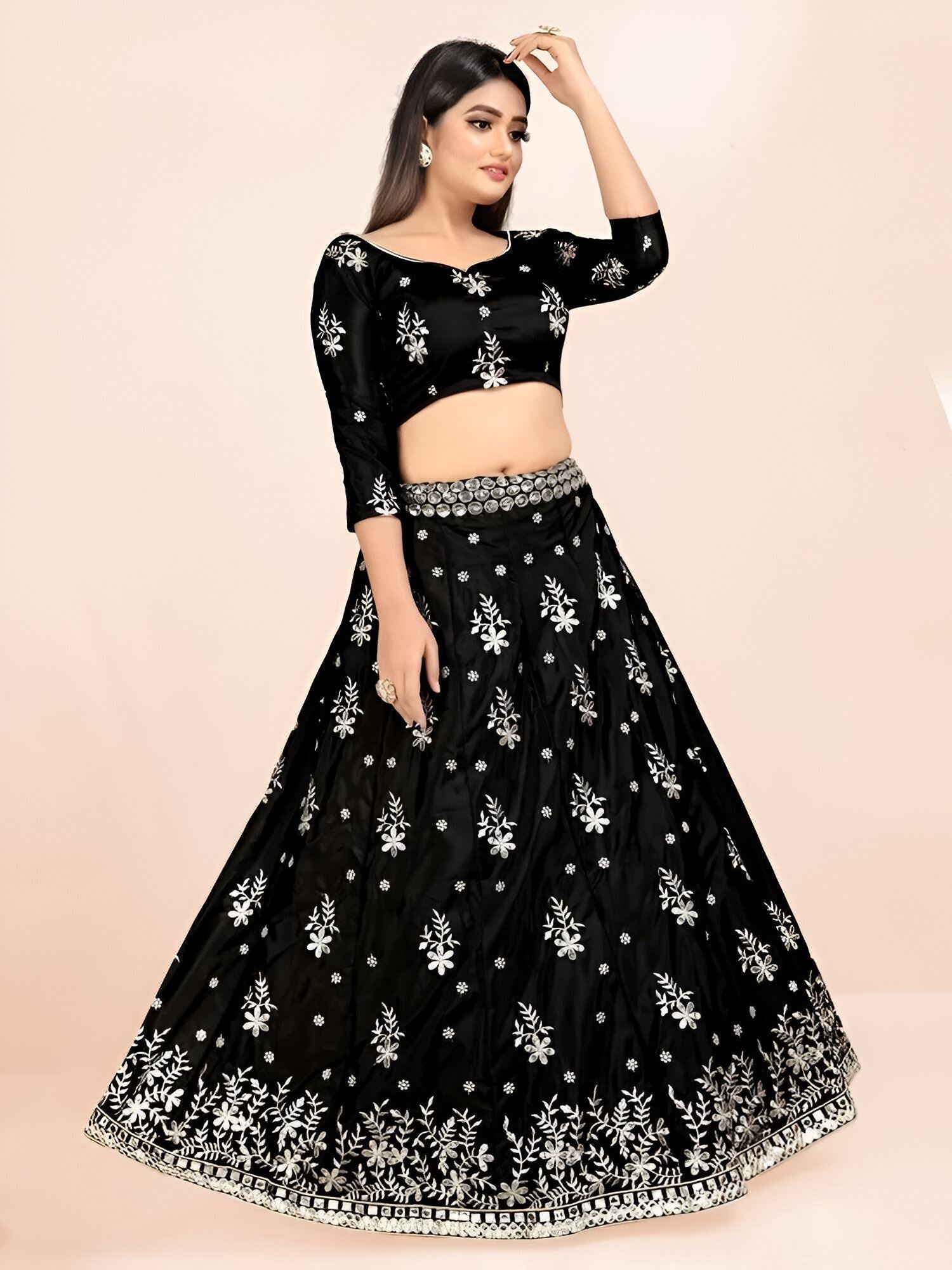 Black Lehenga Choli With Sequence With Thread And Jari Embroidery Work