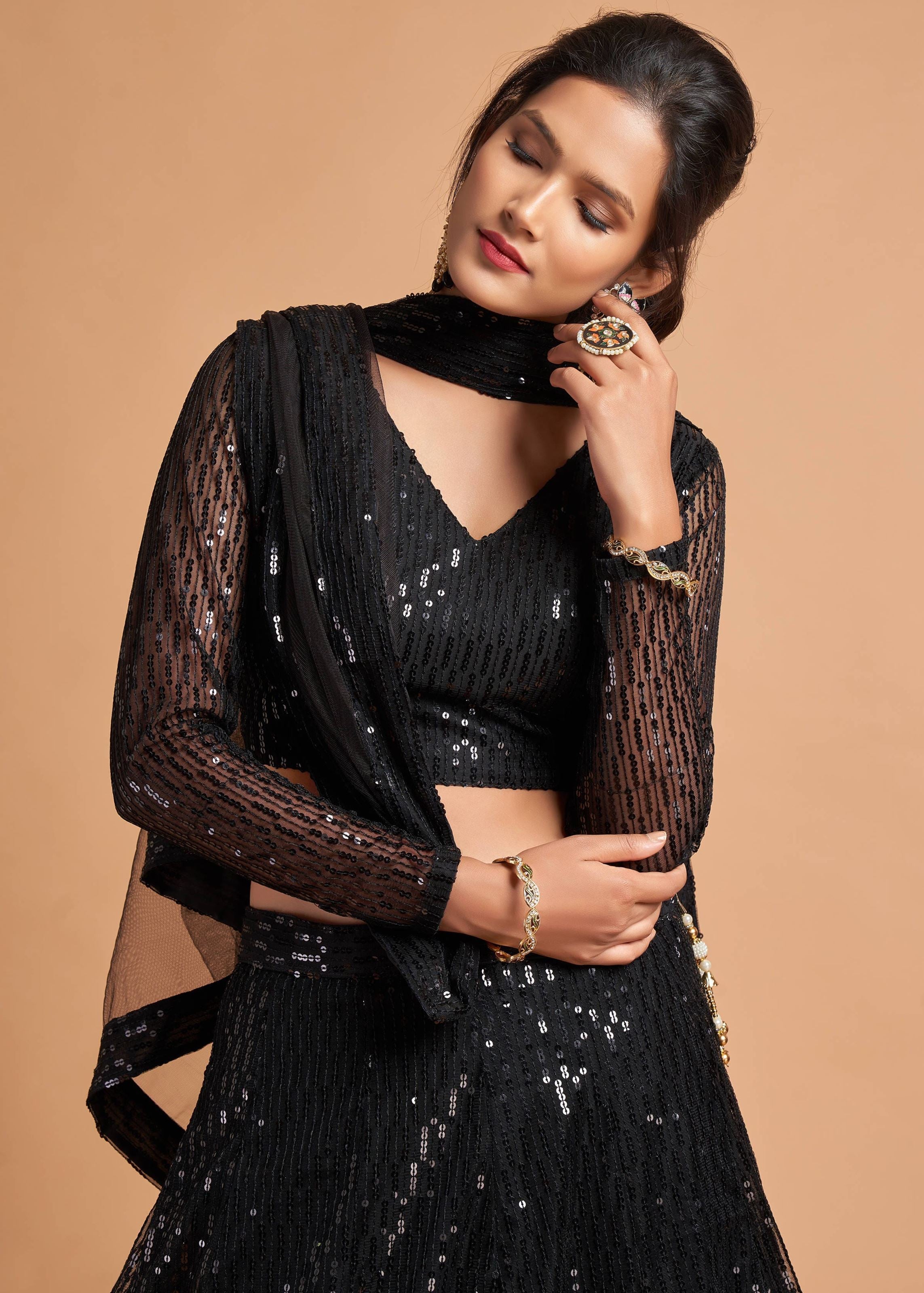 Black Lehenga Choli With Thread And Multiple Sequins Embroidery Work