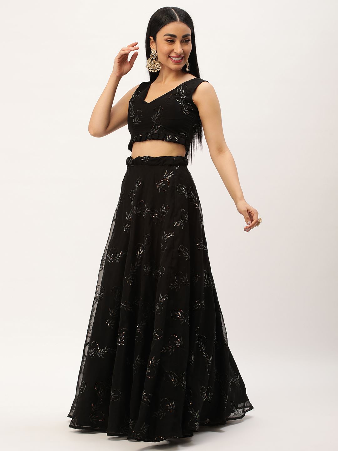 Black Lehenga Choli With Thread Embroidery With Sequins Work
