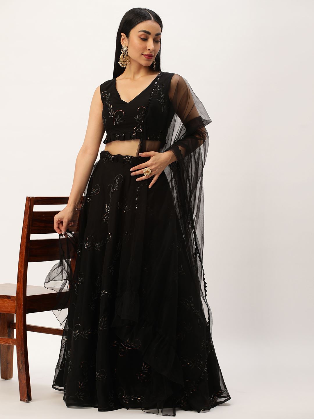 Black Lehenga Choli With Thread Embroidery With Sequins Work