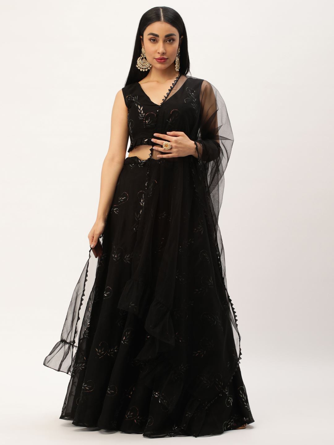 Black Lehenga Choli With Thread Embroidery With Sequins Work