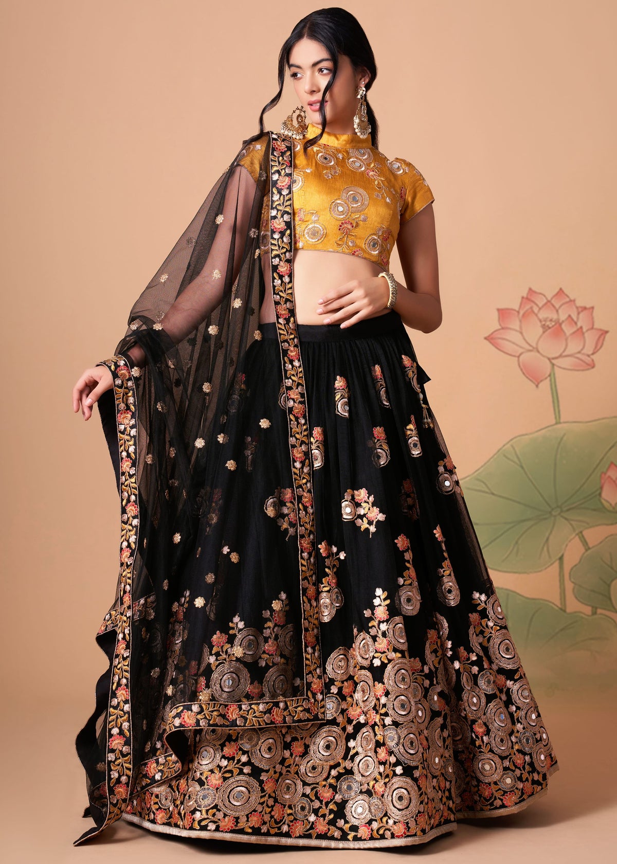 Black Lehenga Choli With Thread, Zari, Dori And Sequins Embroidery With Mirror Work