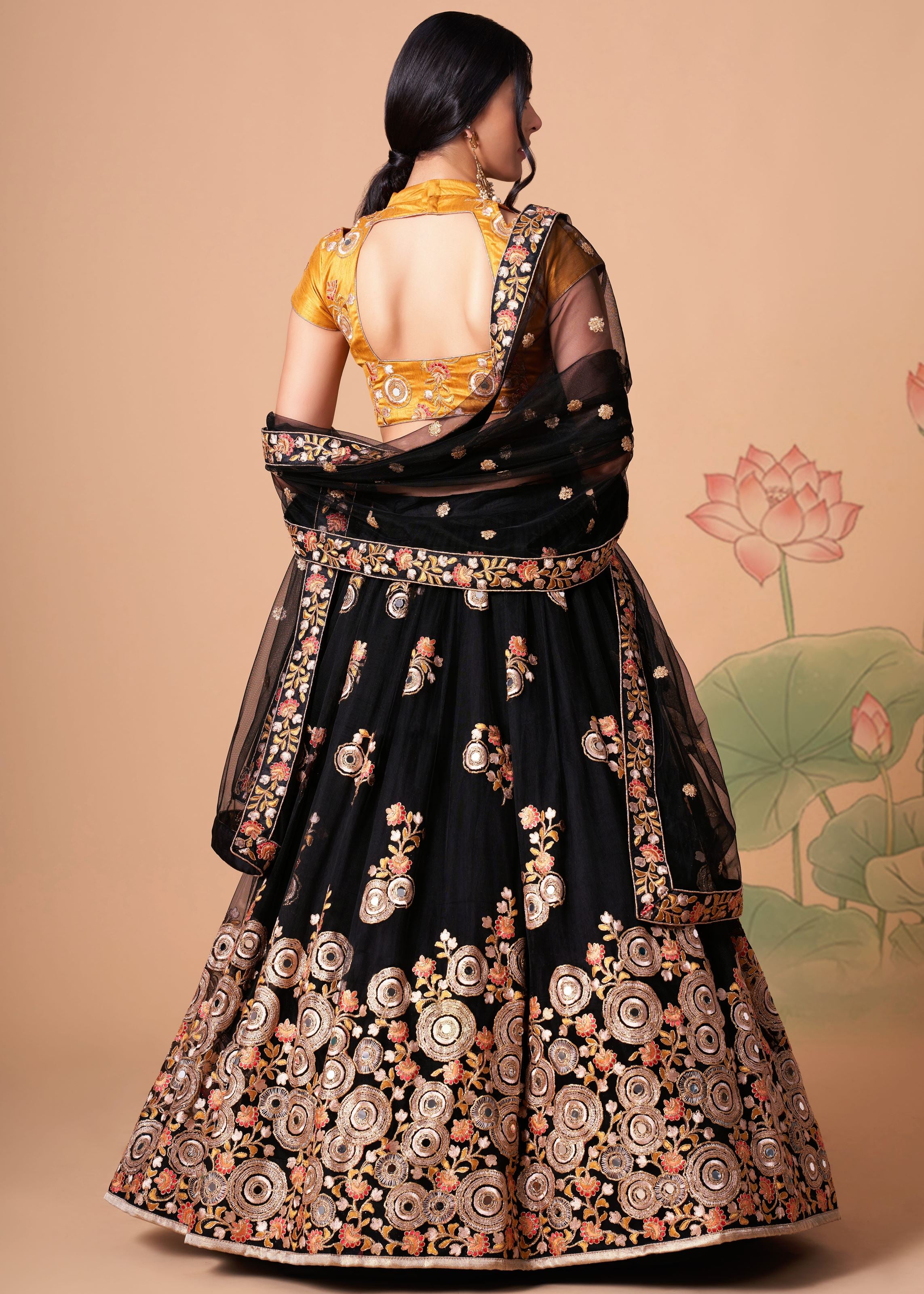 Black Lehenga Choli With Thread, Zari, Dori And Sequins Embroidery With Mirror Work