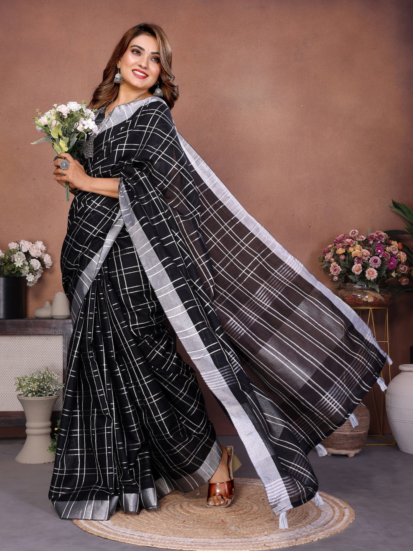 Black Linen Saree With Traditional Weaving