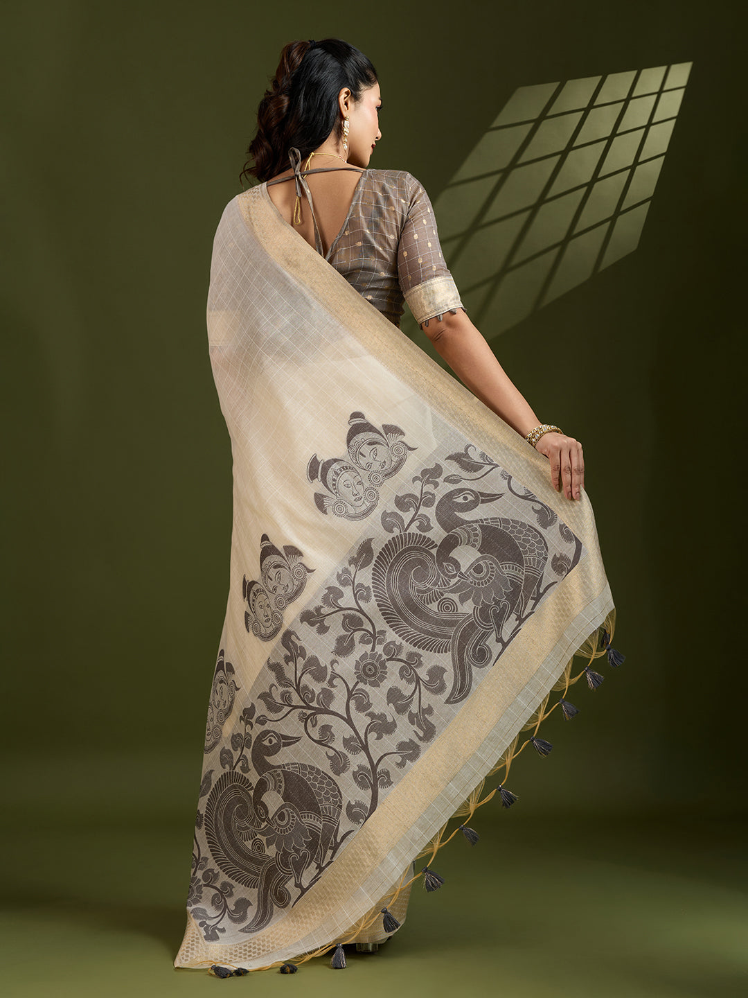Black Muga Cotton Saree with Checks and Kalamkari Pallu