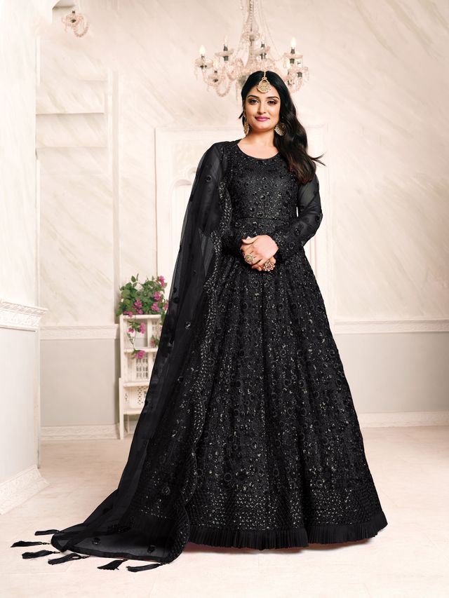Black Net Heavy Thread Embroidery And Sequence Work Anarkali Suits