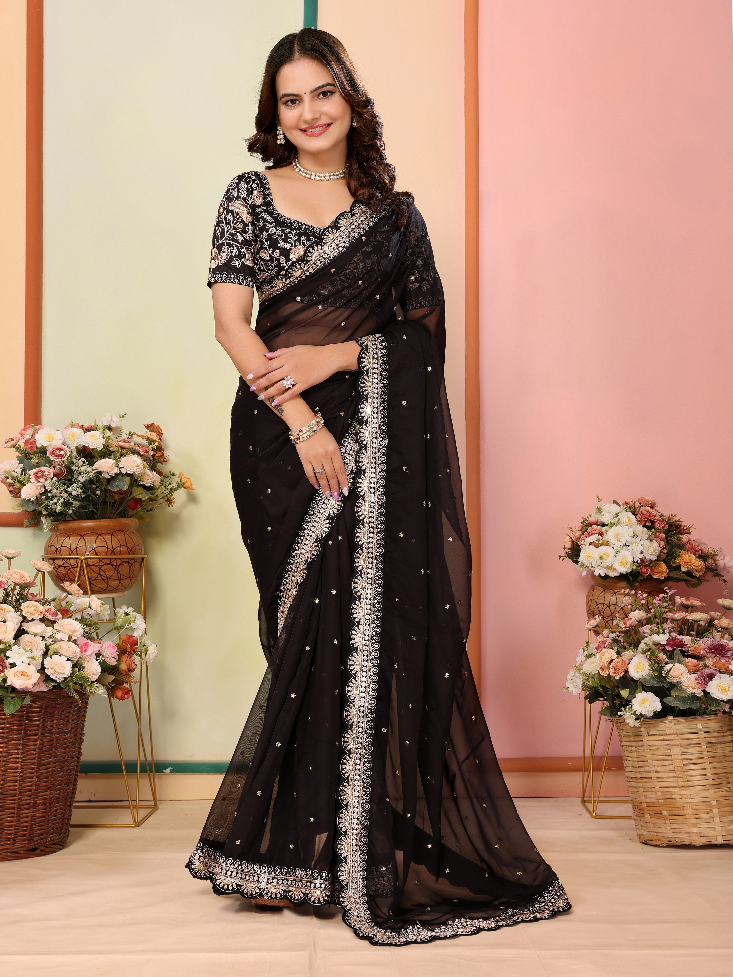 Black Organza Designer Embroidery Work Patywear Saree