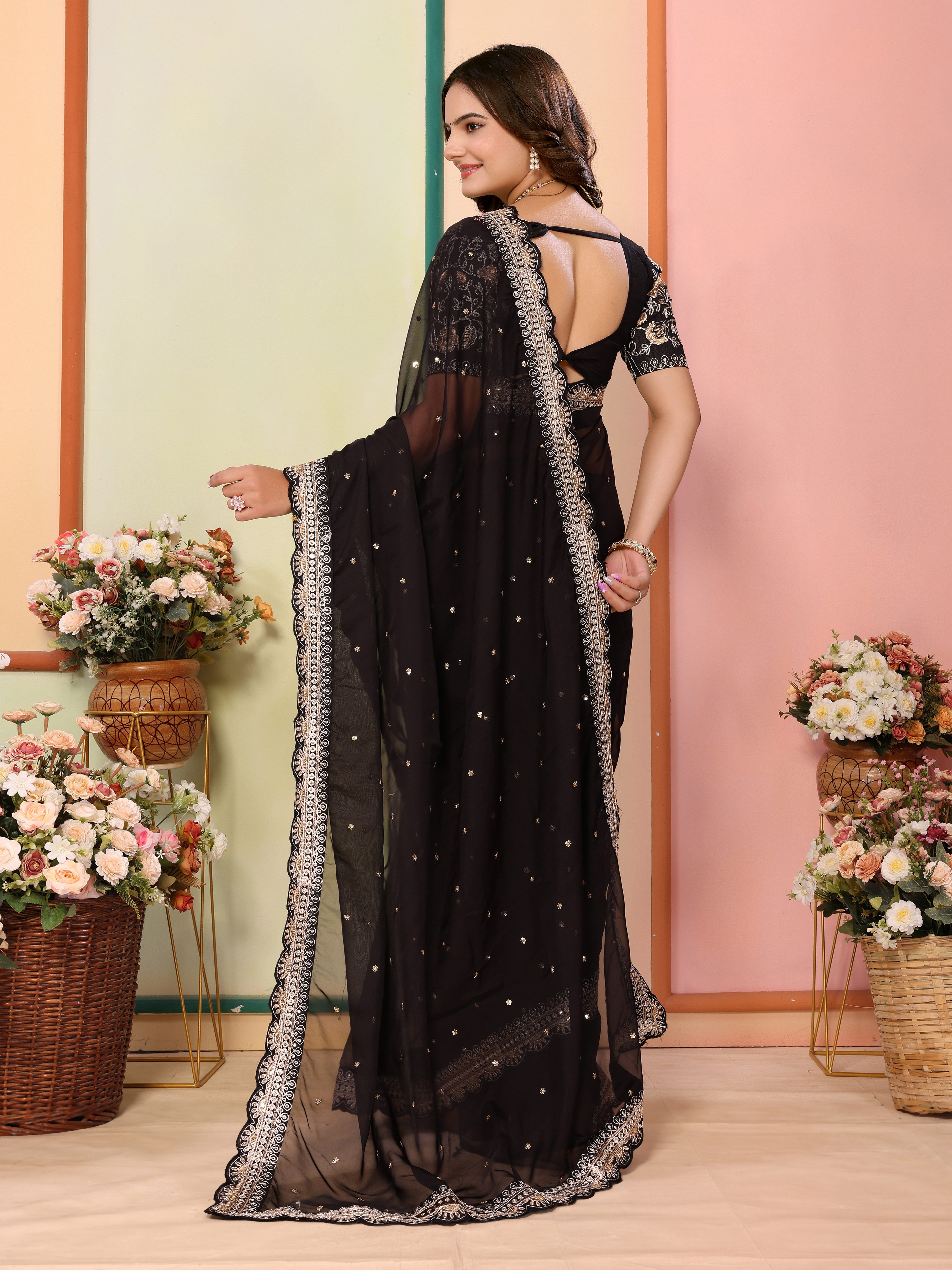 Black Organza Designer Embroidery Work Patywear Saree