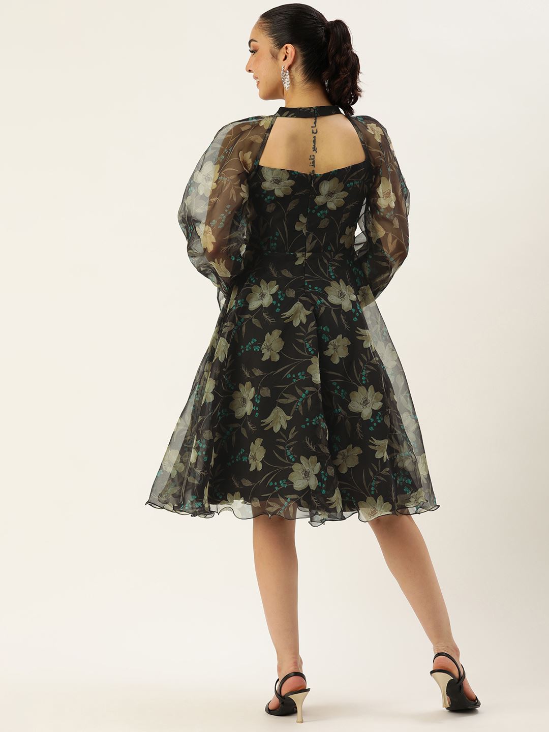 Black Organza Dress & Gown With Floral Print