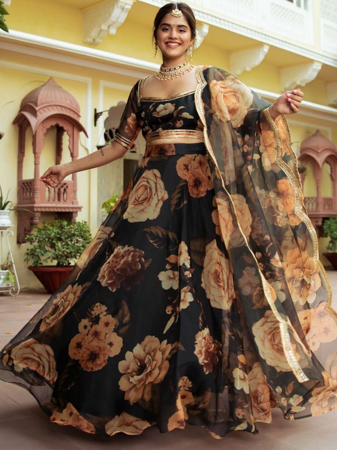 Black Organza Lehenga Choli With Digital Print with Gota Patti Work