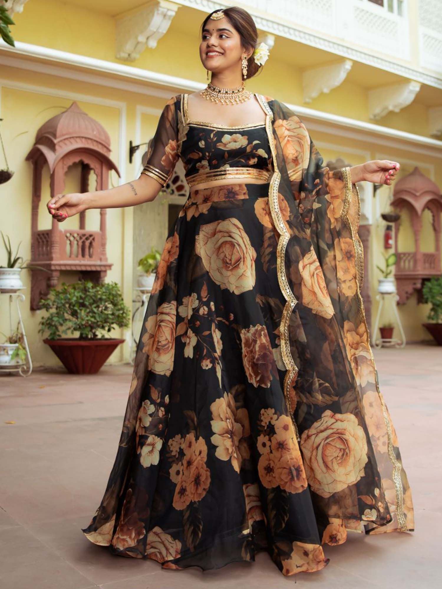 Black Organza Lehenga Choli With Digital Print with Gota Patti Work