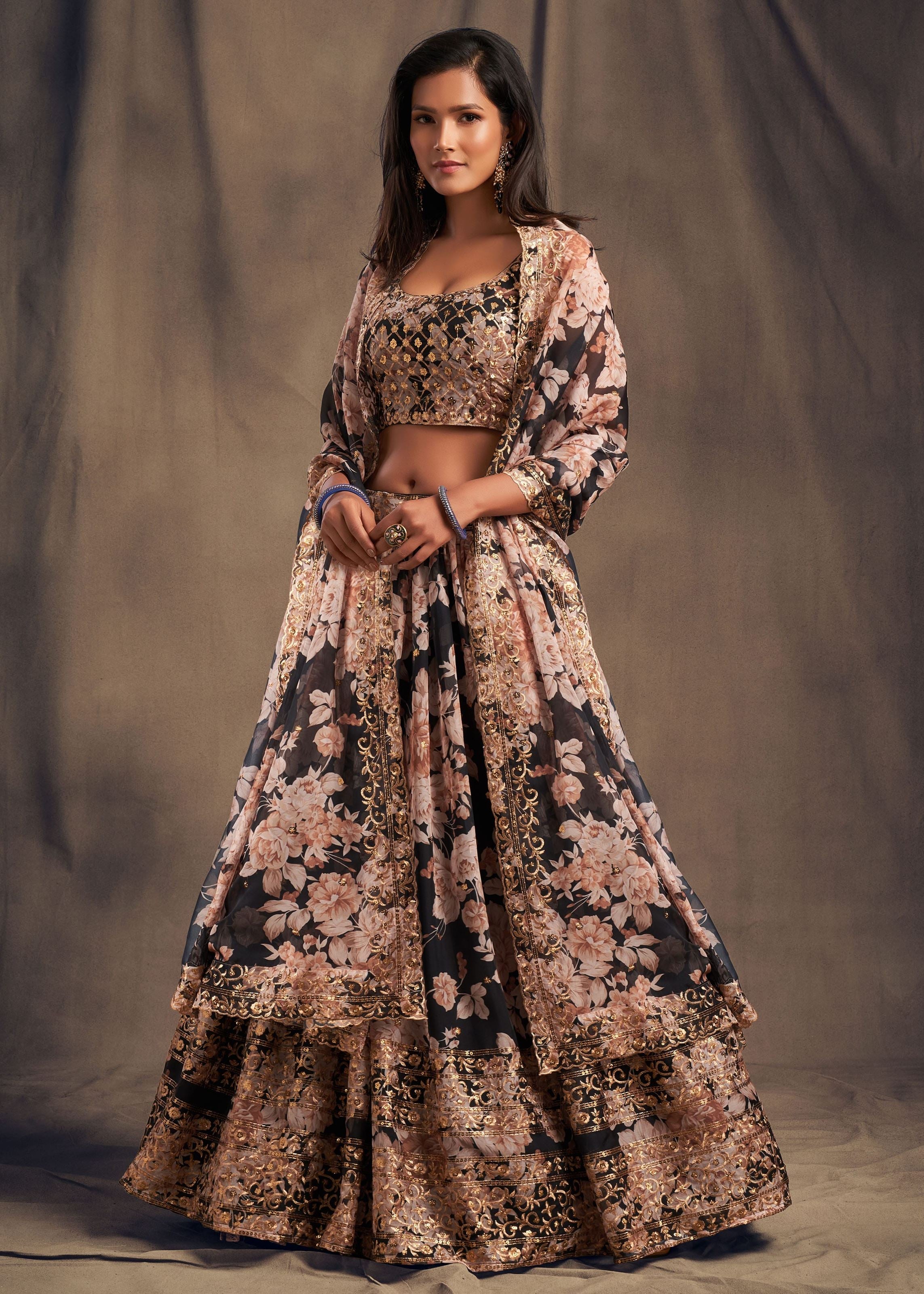 Black Organza Lehenga Choli With Sequins Zari Embroidery Work