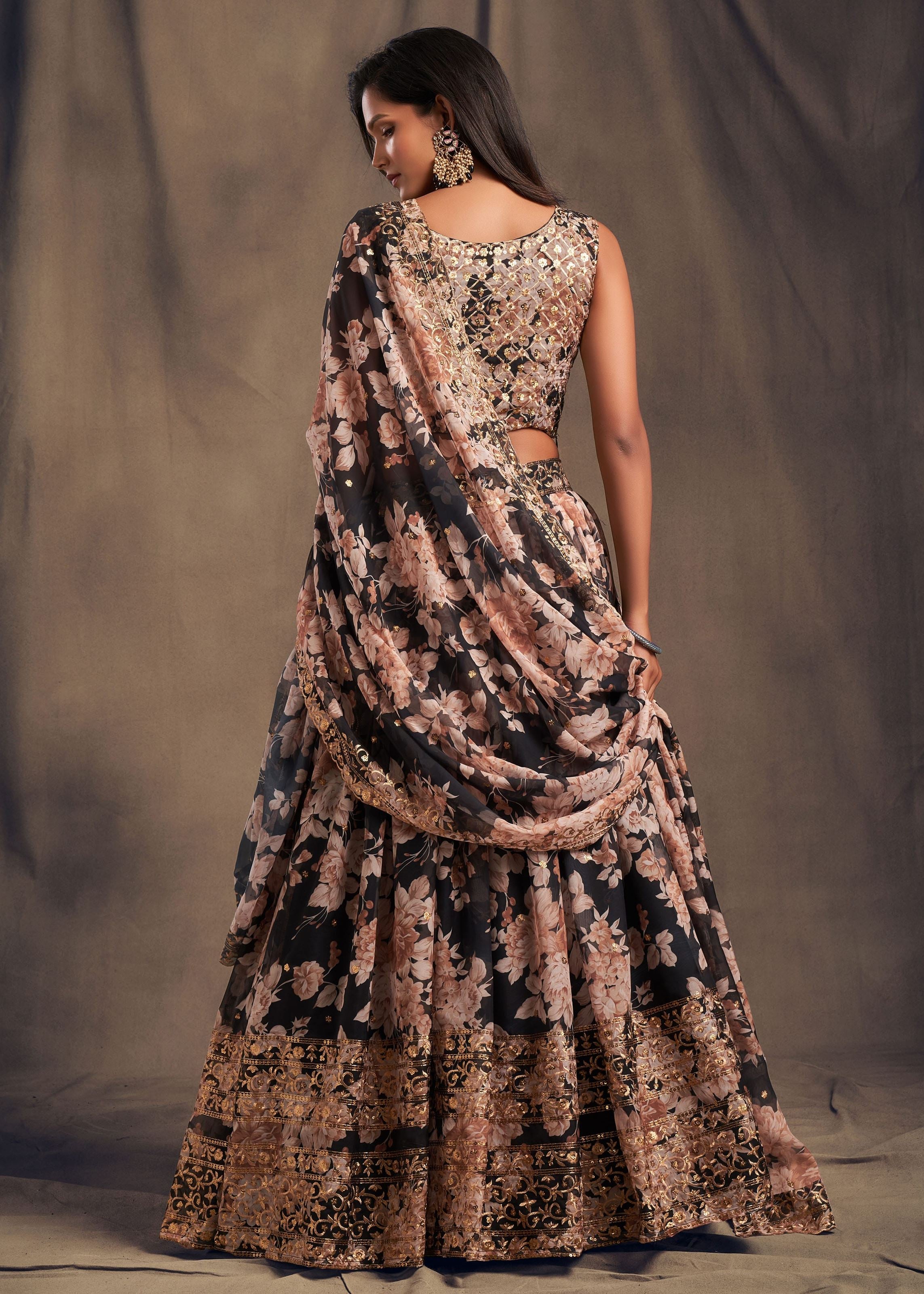 Black Organza Lehenga Choli With Sequins Zari Embroidery Work