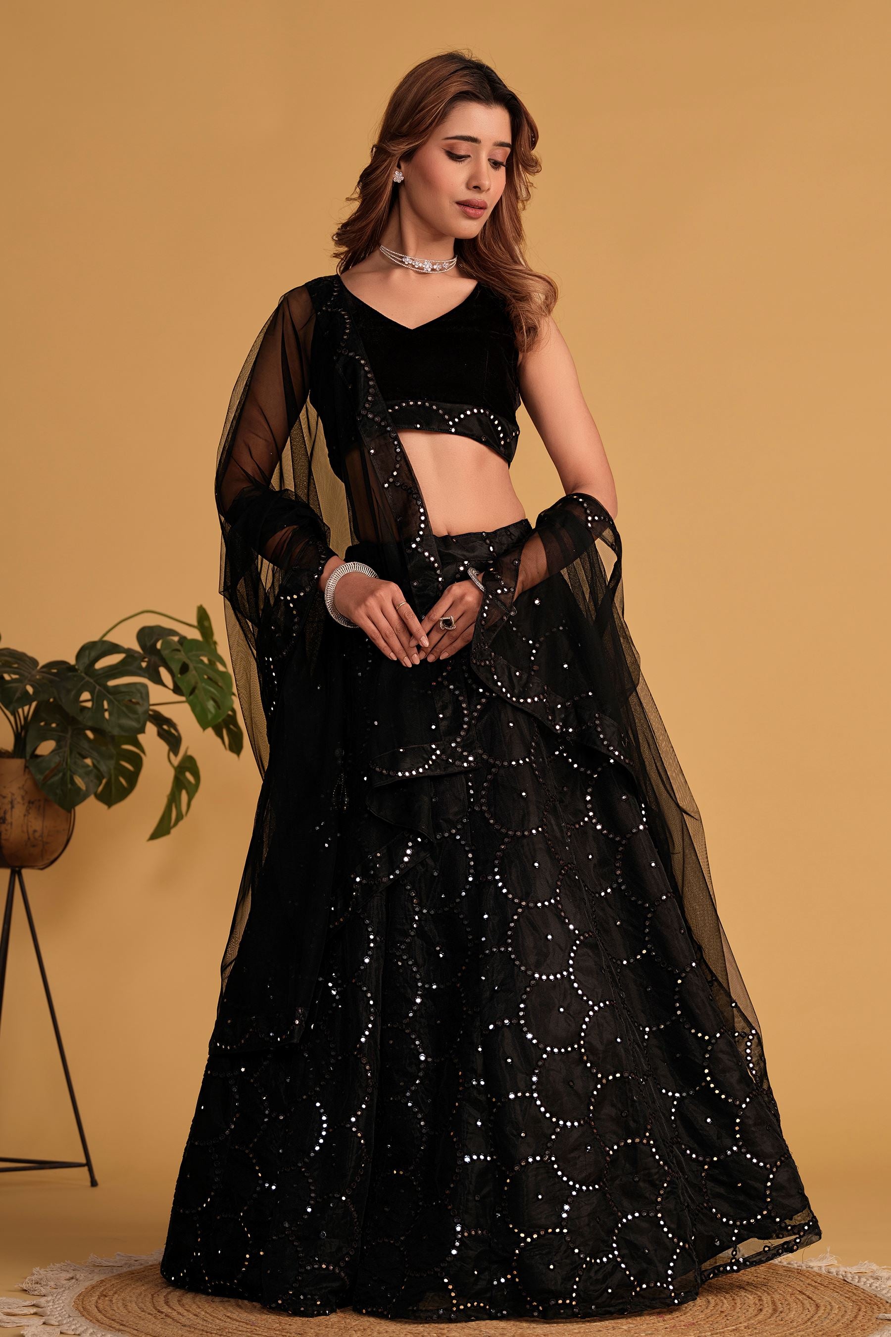 Black Organza Net Lehenga Choli With Sequins Thread Embroidered Work