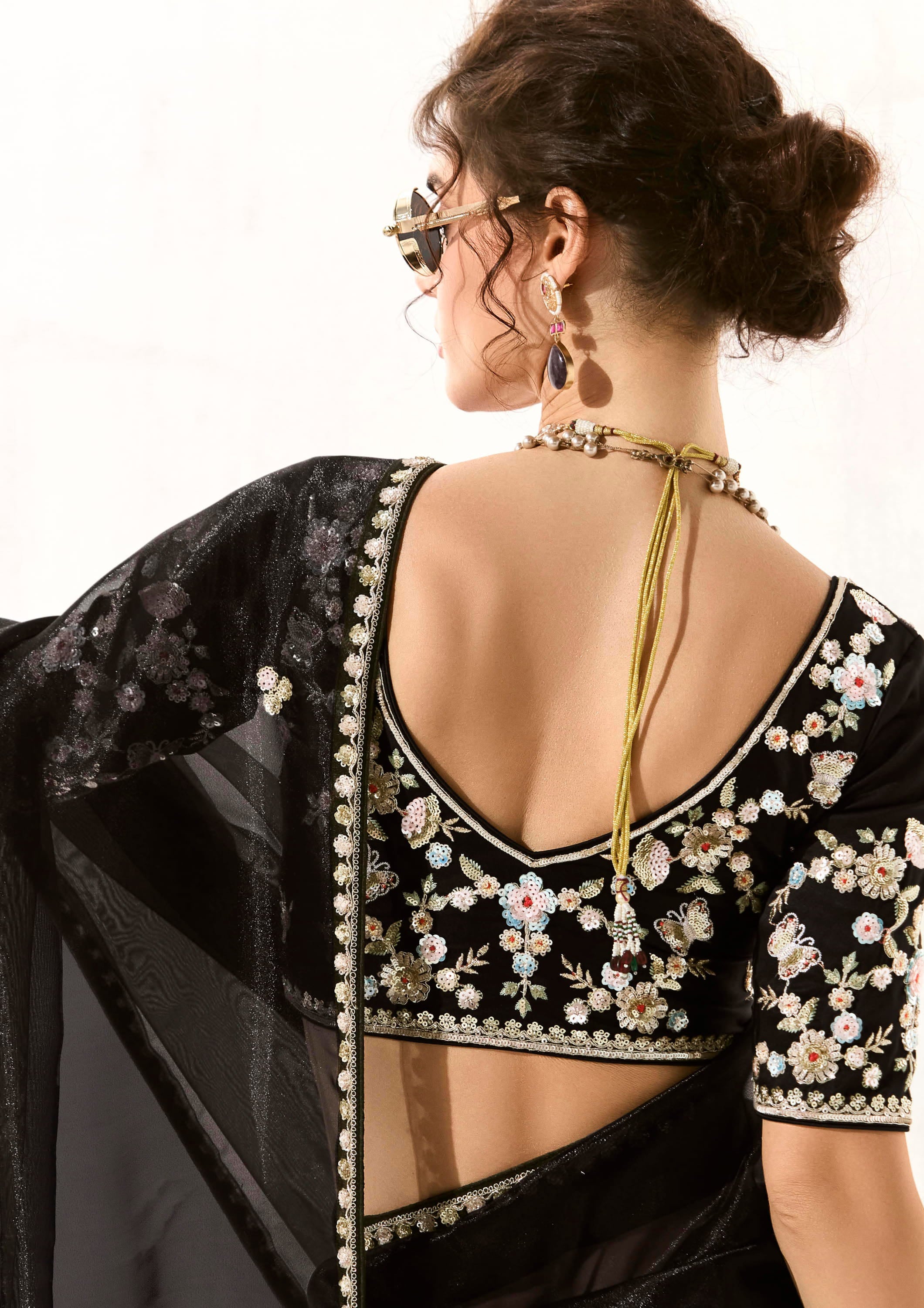 Black Organza Tissue Saree With Heavy Embroidery Butta Work With Embroidered Blouse