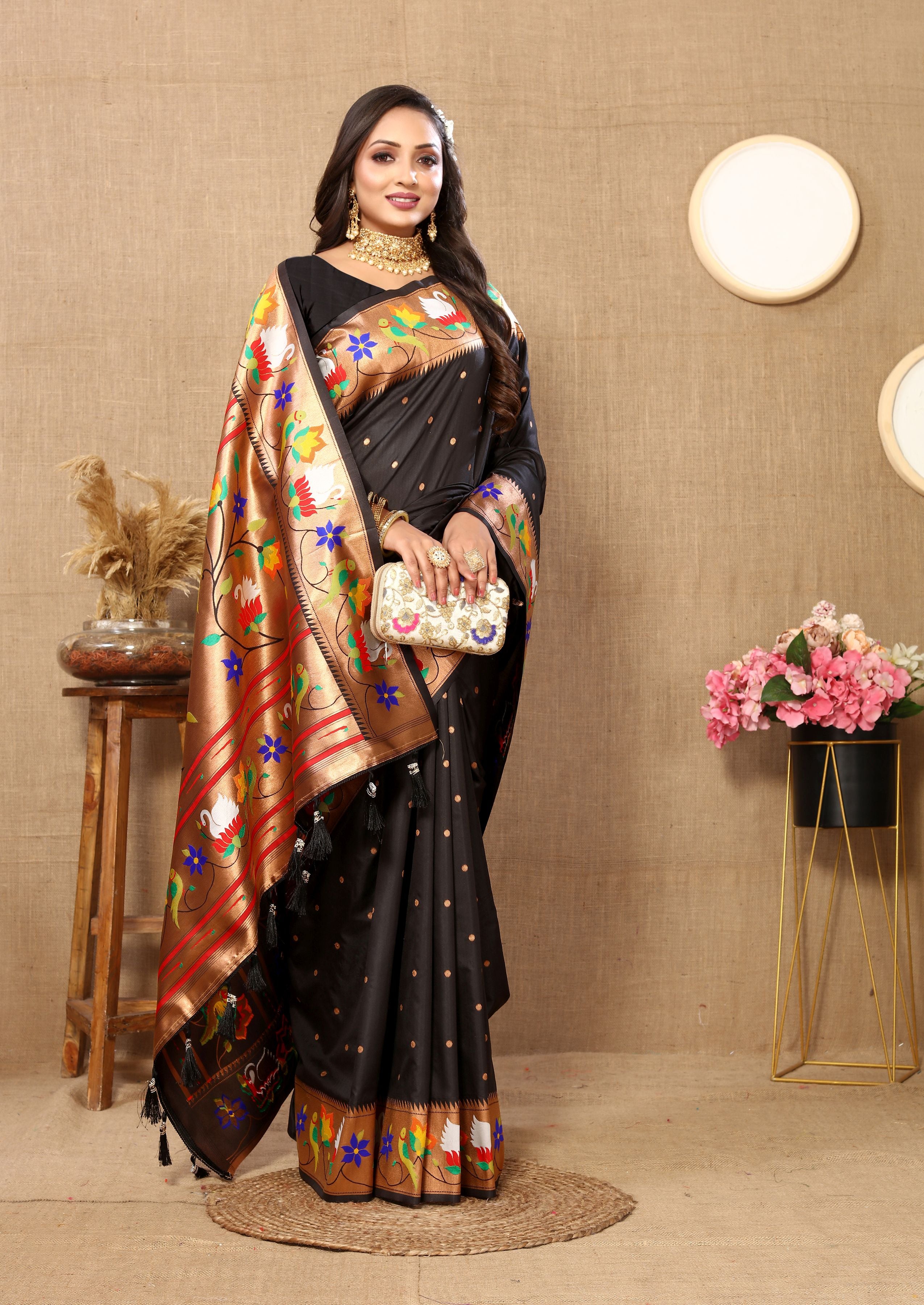 Black Paithani Silk Woven Meenakari Paithani Designer Ethnic Heavy Looks Saree