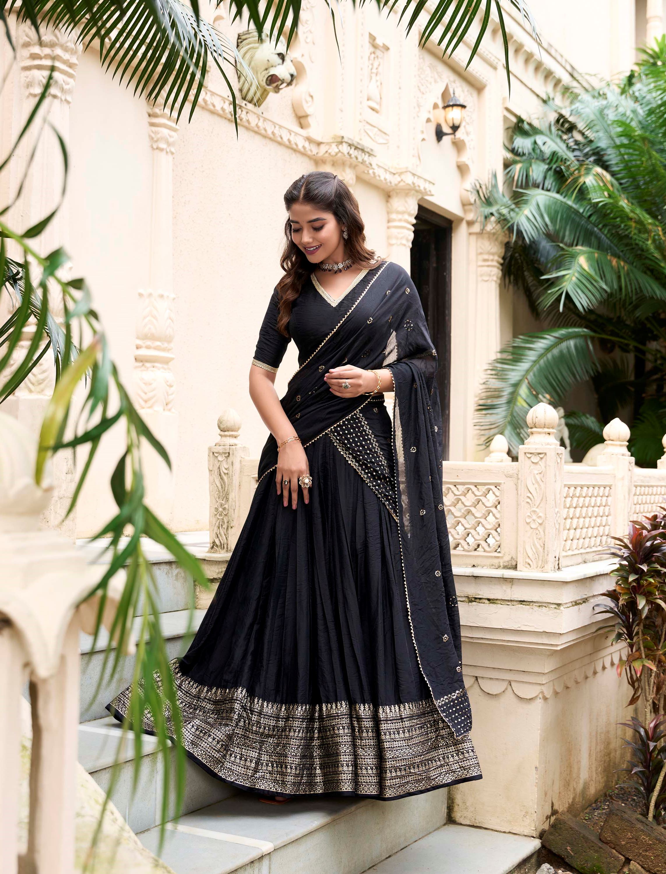 Black Plain Chanderi Lehenga with Zari Weaving Finish