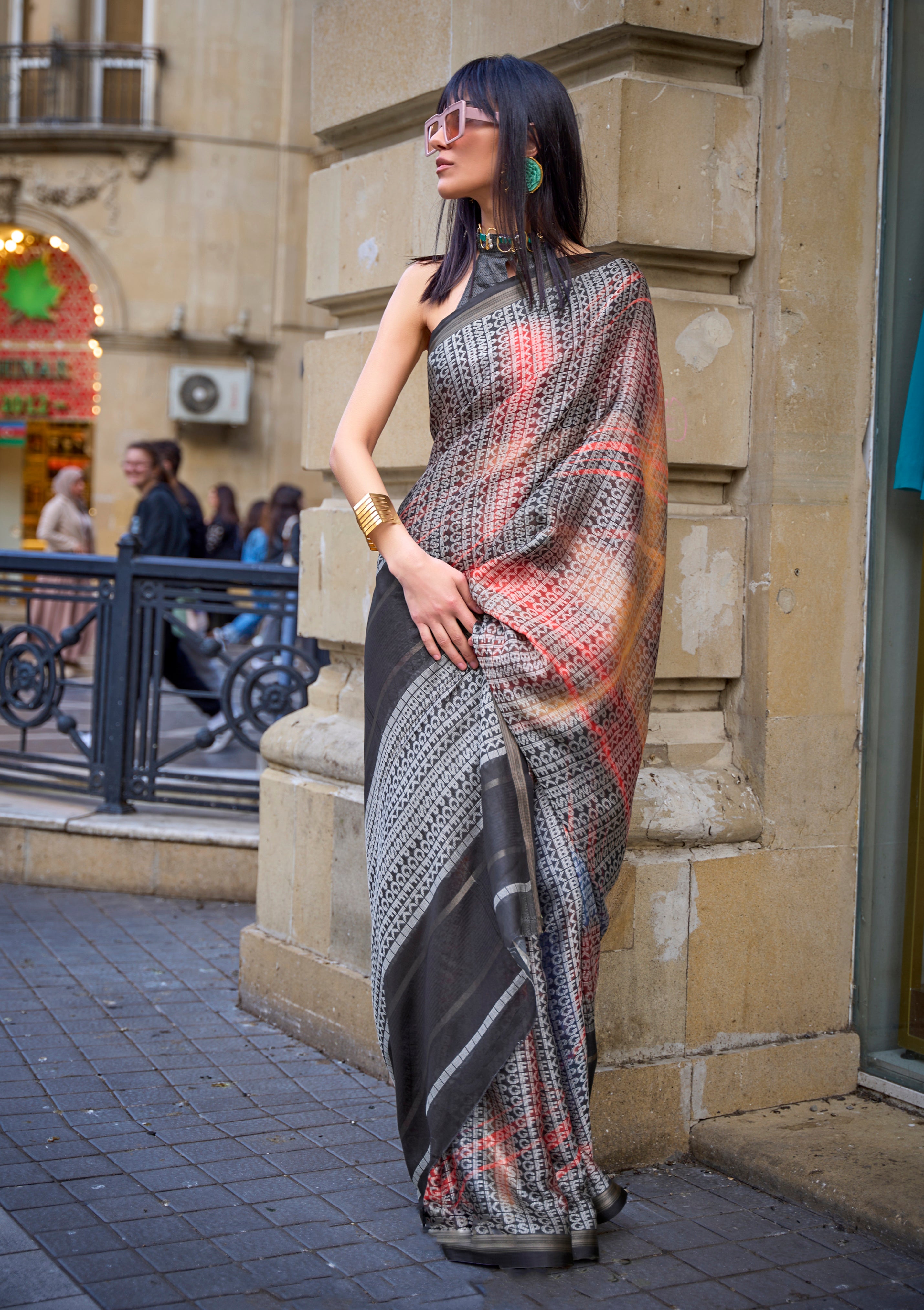 Black Poly Viscose Saree with Print
