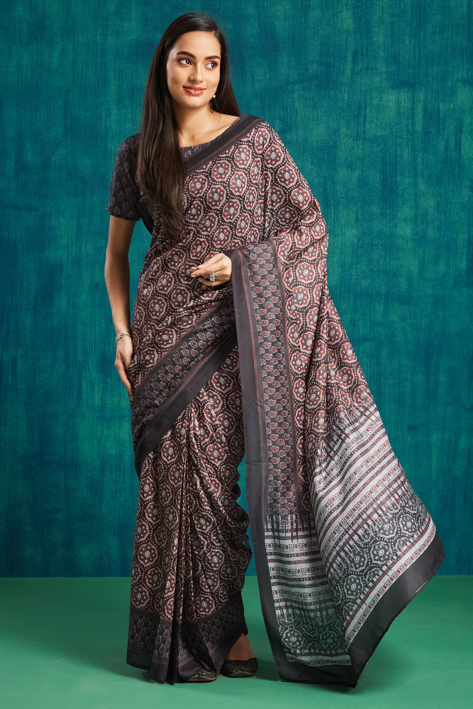 Black Pre Stitched Muslin Designer Printed Partywear Saree