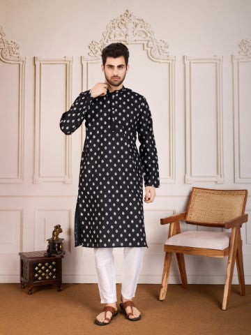 Black Printed Cotton Stylish Kurta Pajama