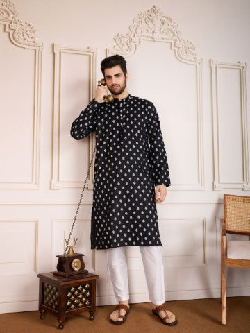 Black Printed Cotton Stylish Kurta Pajama