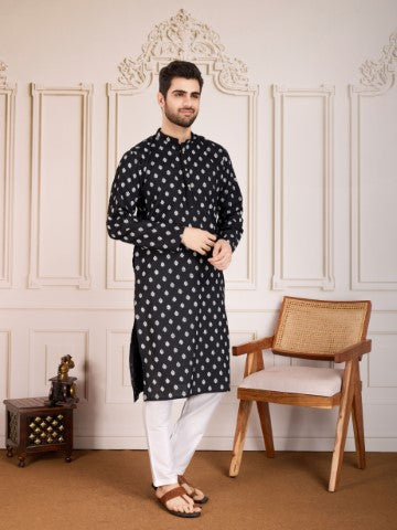 Black Printed Cotton Stylish Kurta Pajama