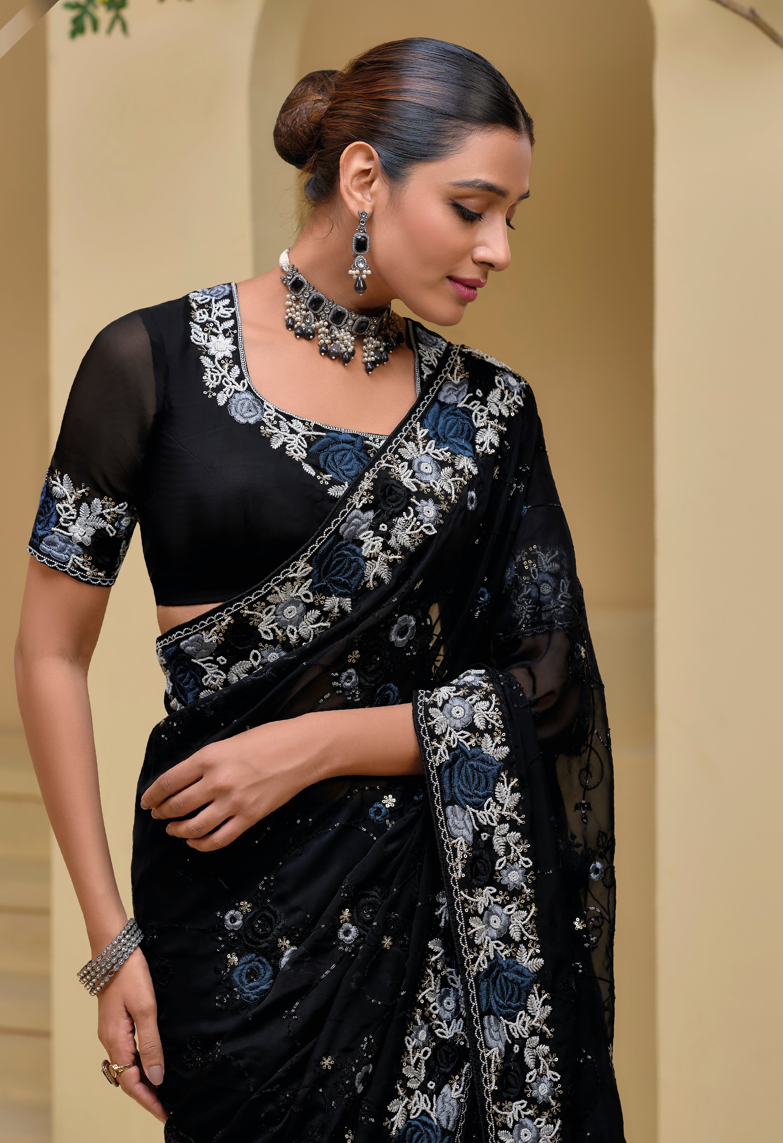 Black Pure Banarasi Tuscany Saree With Embroidery, Moti and Sequins Work
