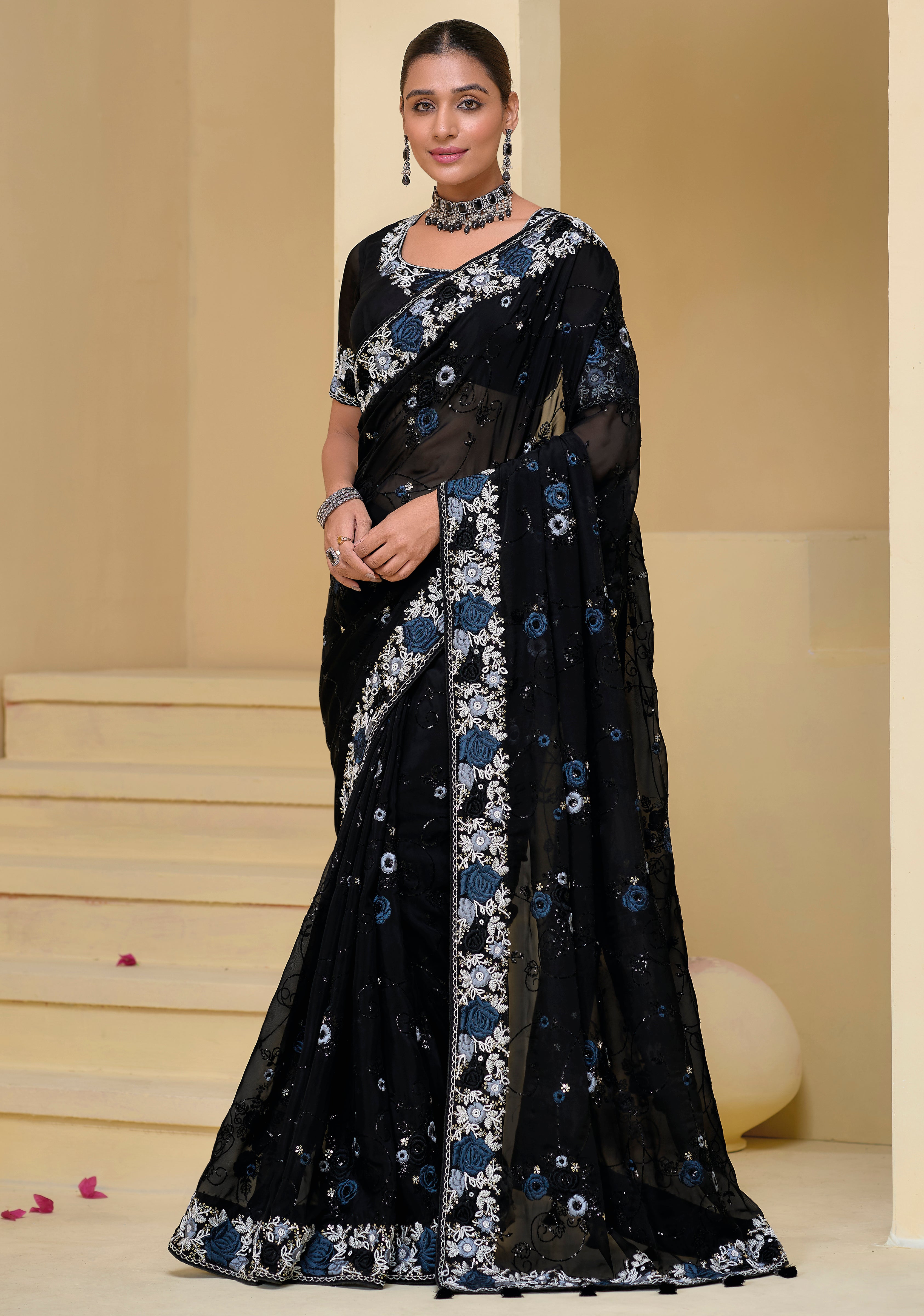 Black Pure Banarasi Tuscany Saree With Embroidery, Moti and Sequins Work