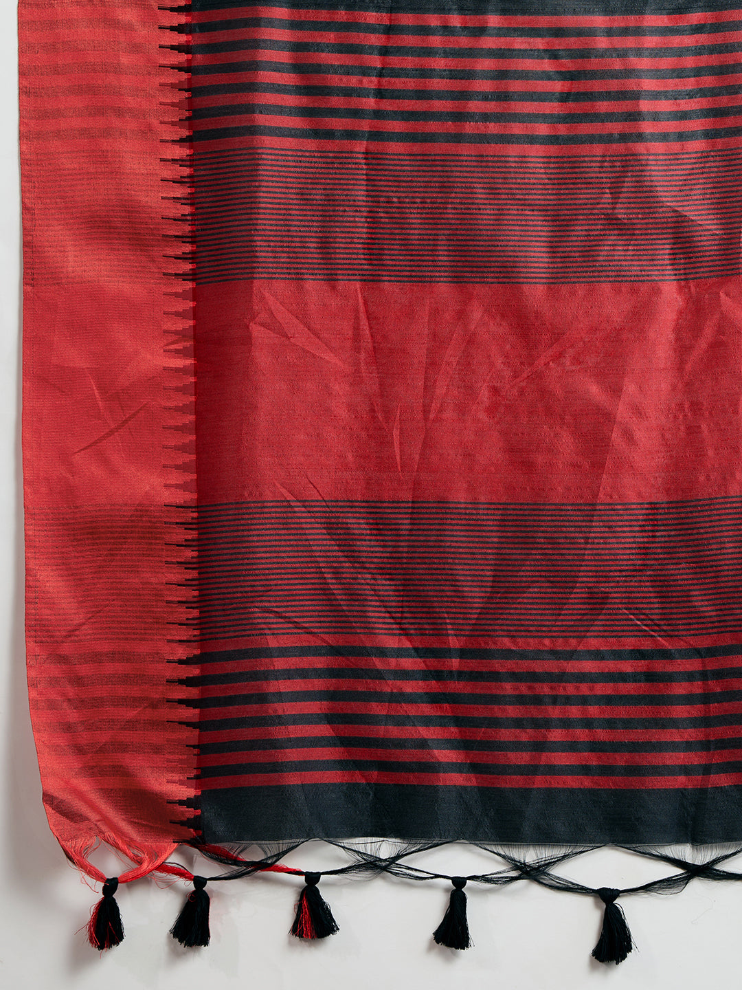 Black Raw Silk Saree with Temple Border and Striped Pallu