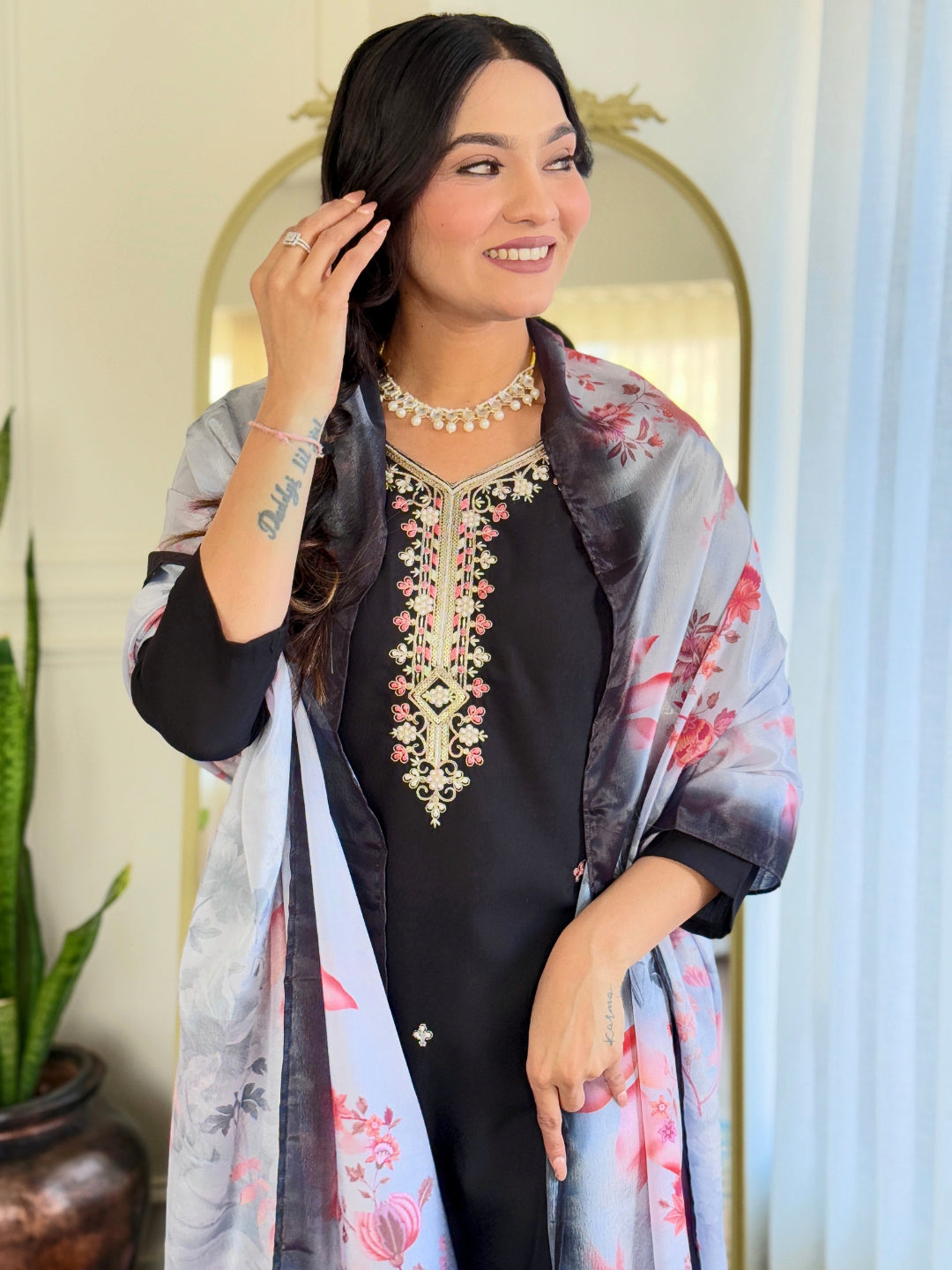 Black Rayon Elegant Kurta Pant Set With Embroidery Work