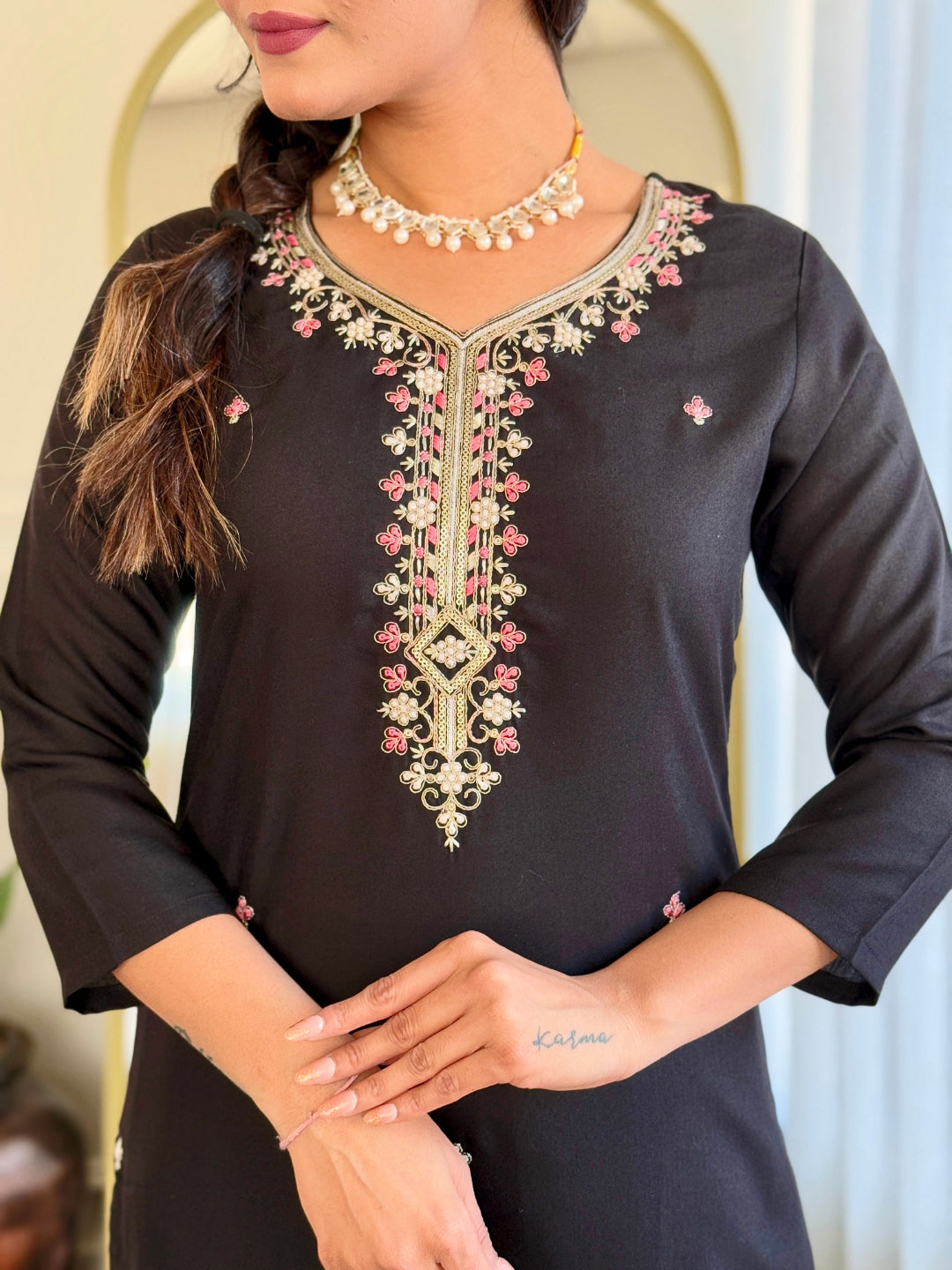 Black Rayon Elegant Kurta Pant Set With Embroidery Work