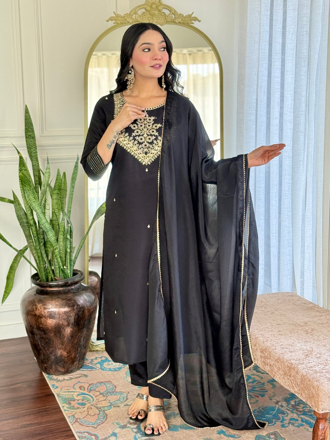Black Rayon Slub Elegant Kurta Pant Set With Embroidery Work
