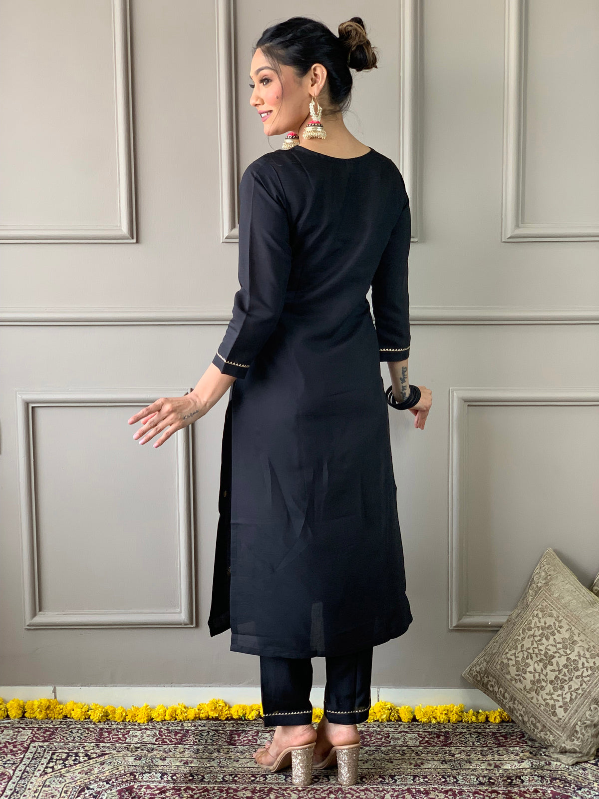 Black Rayon Slub Elegant Kurta Pant Set With Embroidery Work