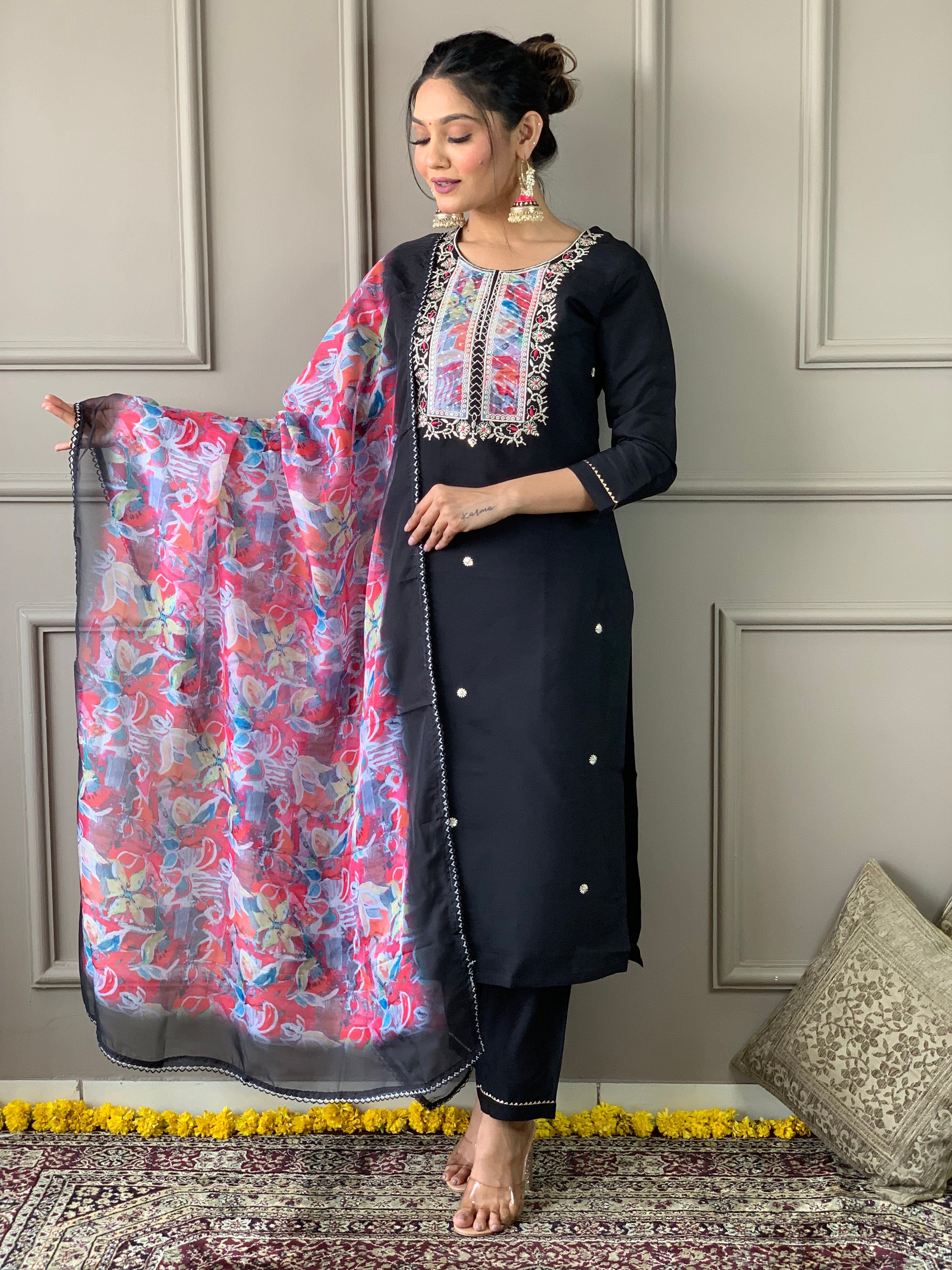 Black Rayon Slub Elegant Kurta Pant Set With Embroidery Work