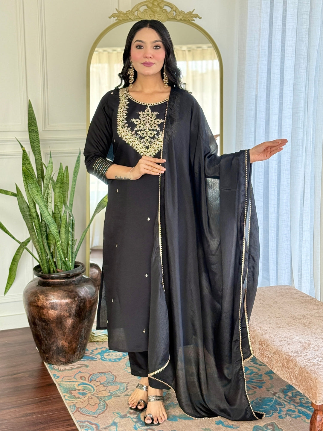 Black Rayon Slub Elegant Kurta Pant Set With Embroidery Work